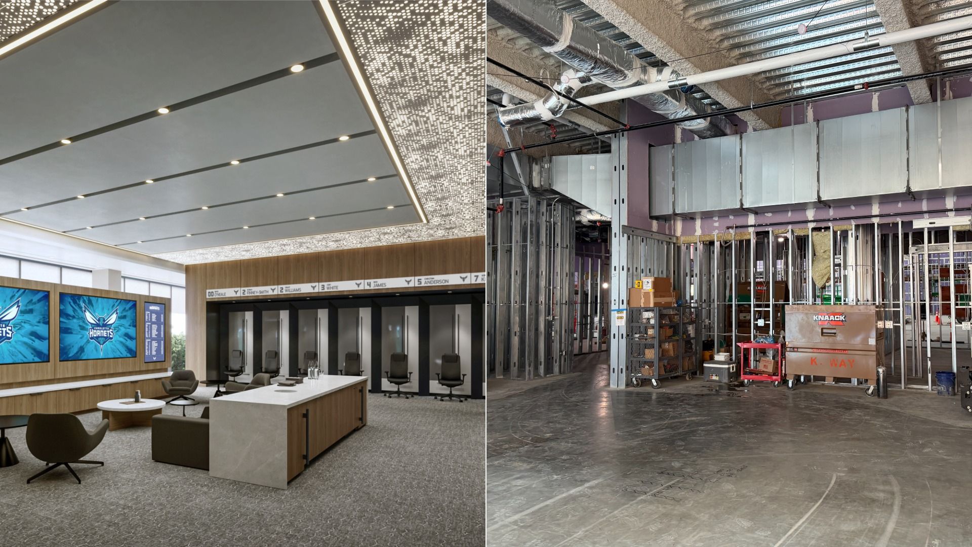 Split view: left modern conference room with a lit panel ceiling, wood accents, and screens showing the Hornets logo; right unfinished construction area with exposed ducts and metal framing.