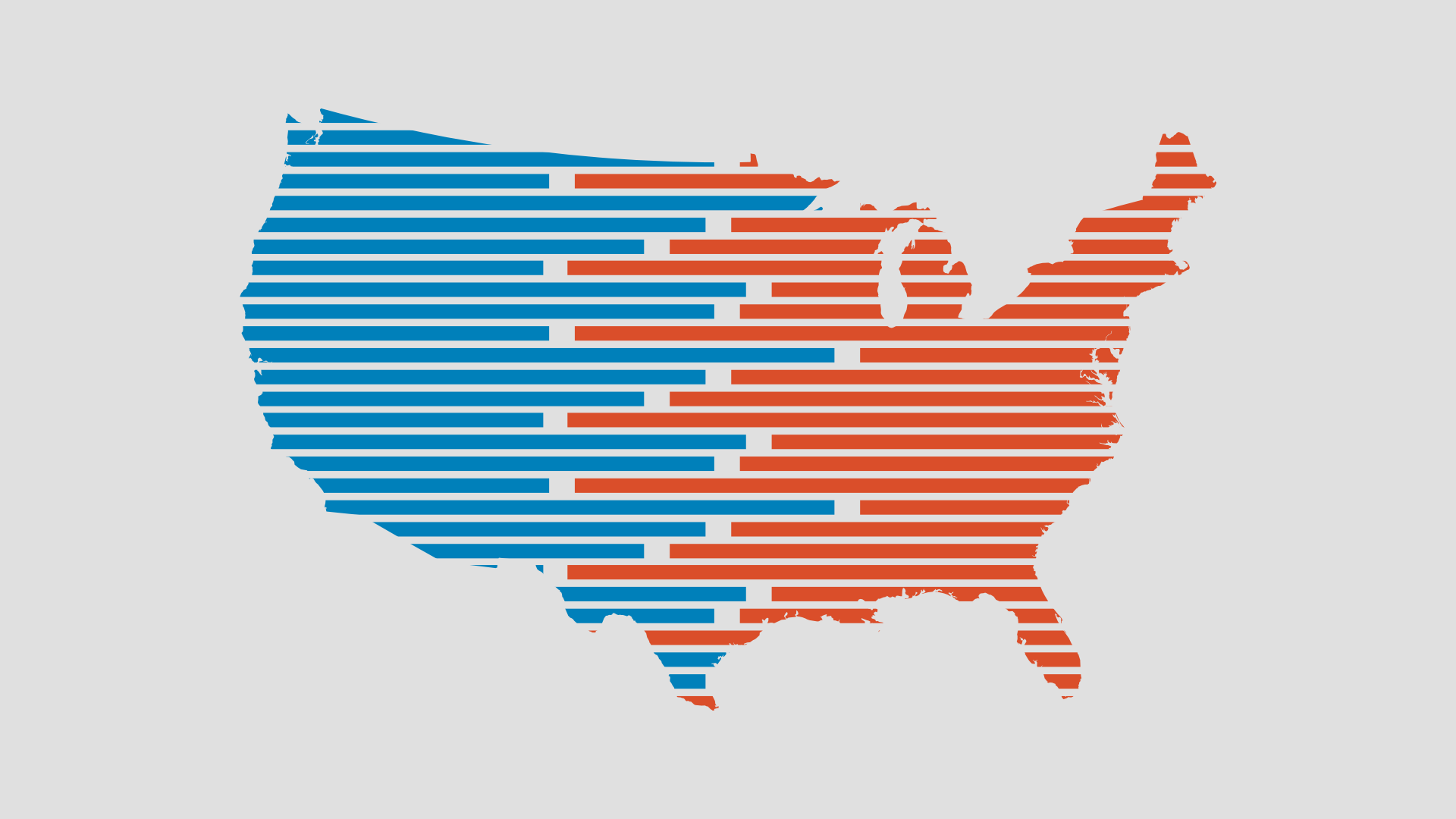 Illustration of red and blue bar chart lines in the shape of the United States moving forwards and backwards