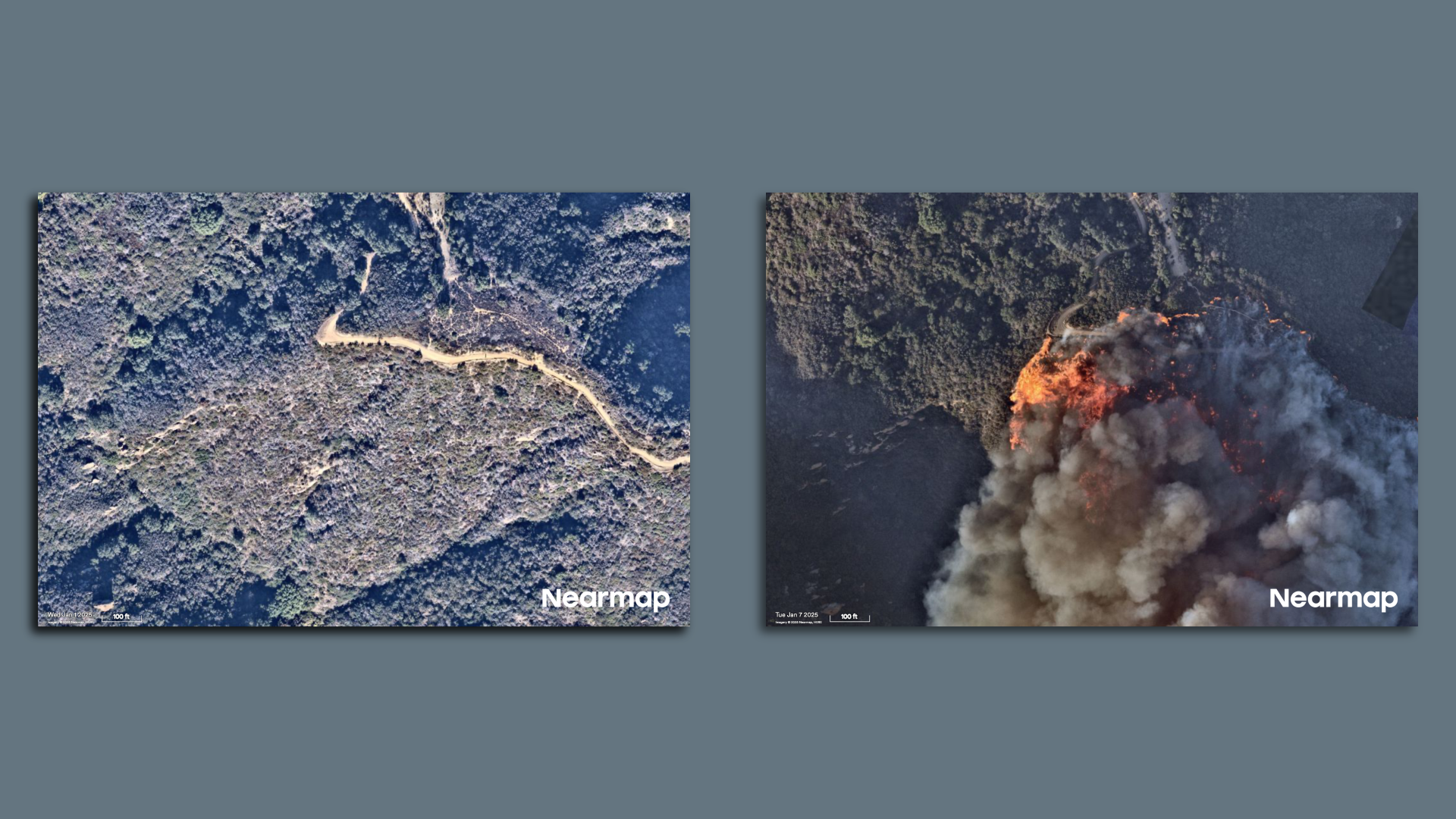 Aerial images showing lands prior to and during the Palisades Fire in California.