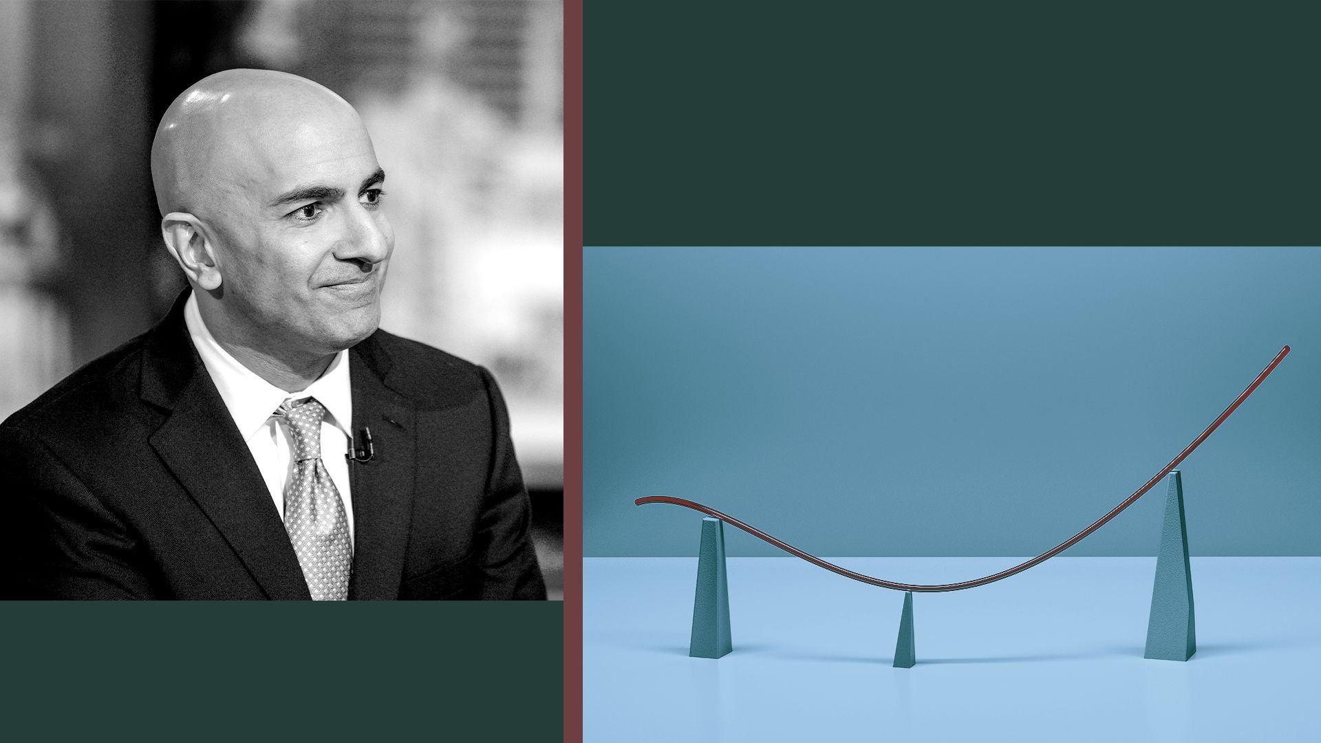Photo illustration of Neel Kashkari, the Minneapolis Fed president, next to graphic shapes and an abstracted trend line.