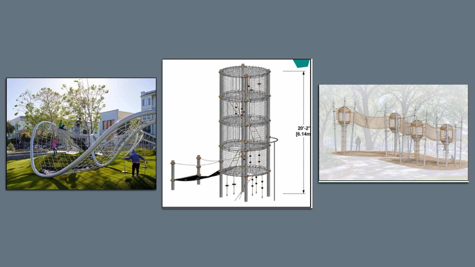 Triptych of playgrounds: left curved white rope climber with nets and kids on a grassy field; center tall cylindrical metal climbing tower; right long rope bridge with wooden pods among trees.