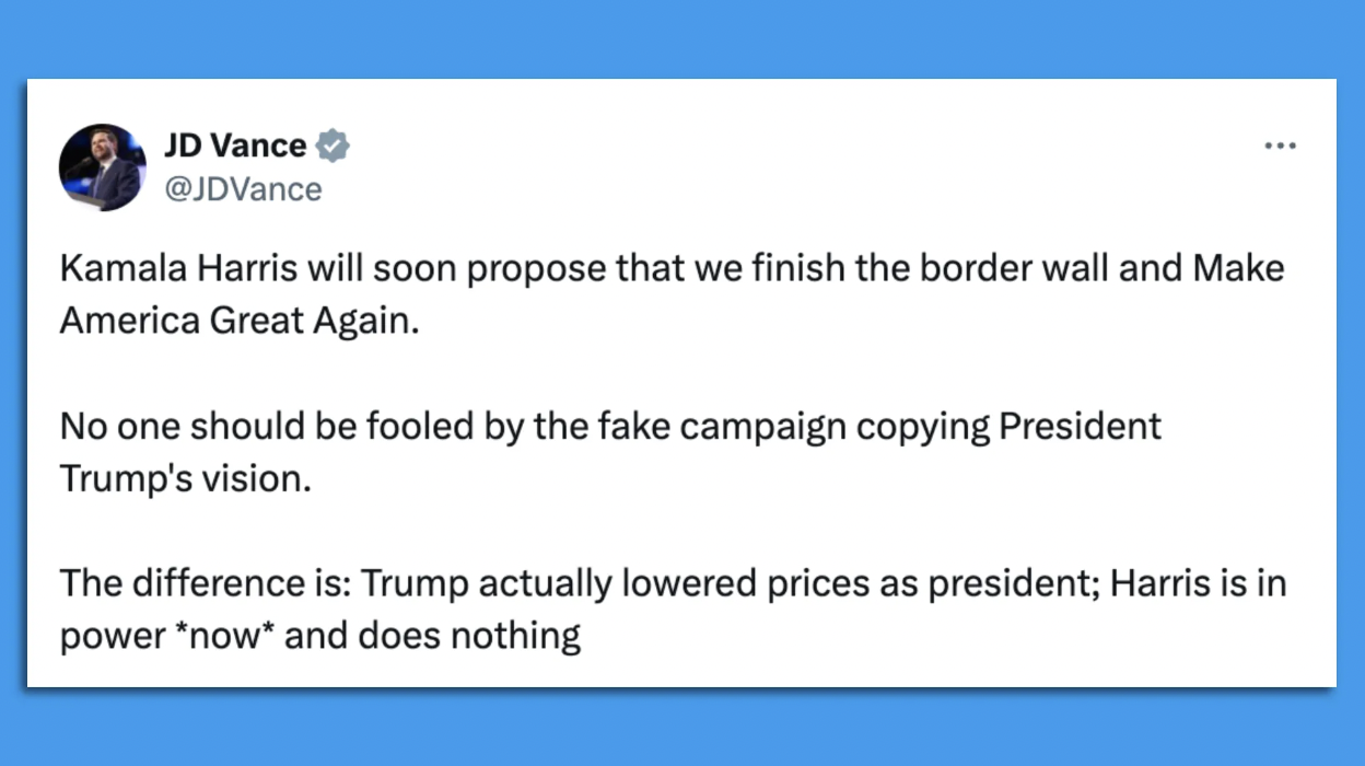 A screenshot of a JD Vance tweet responding to Harris' proposals