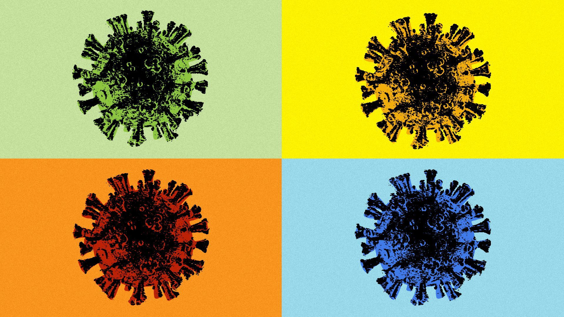 Illustration of four virus cells in an Andy Warhol photocopy style, with coloring related to the four seasons.
