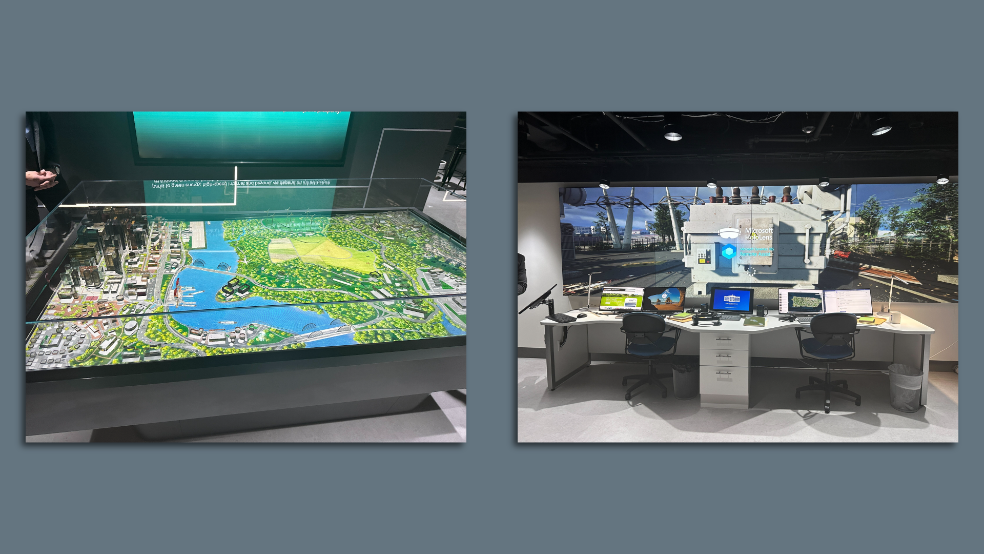 Two images, the left one shows a map with a river and the right shows two chairs and a row of laptops