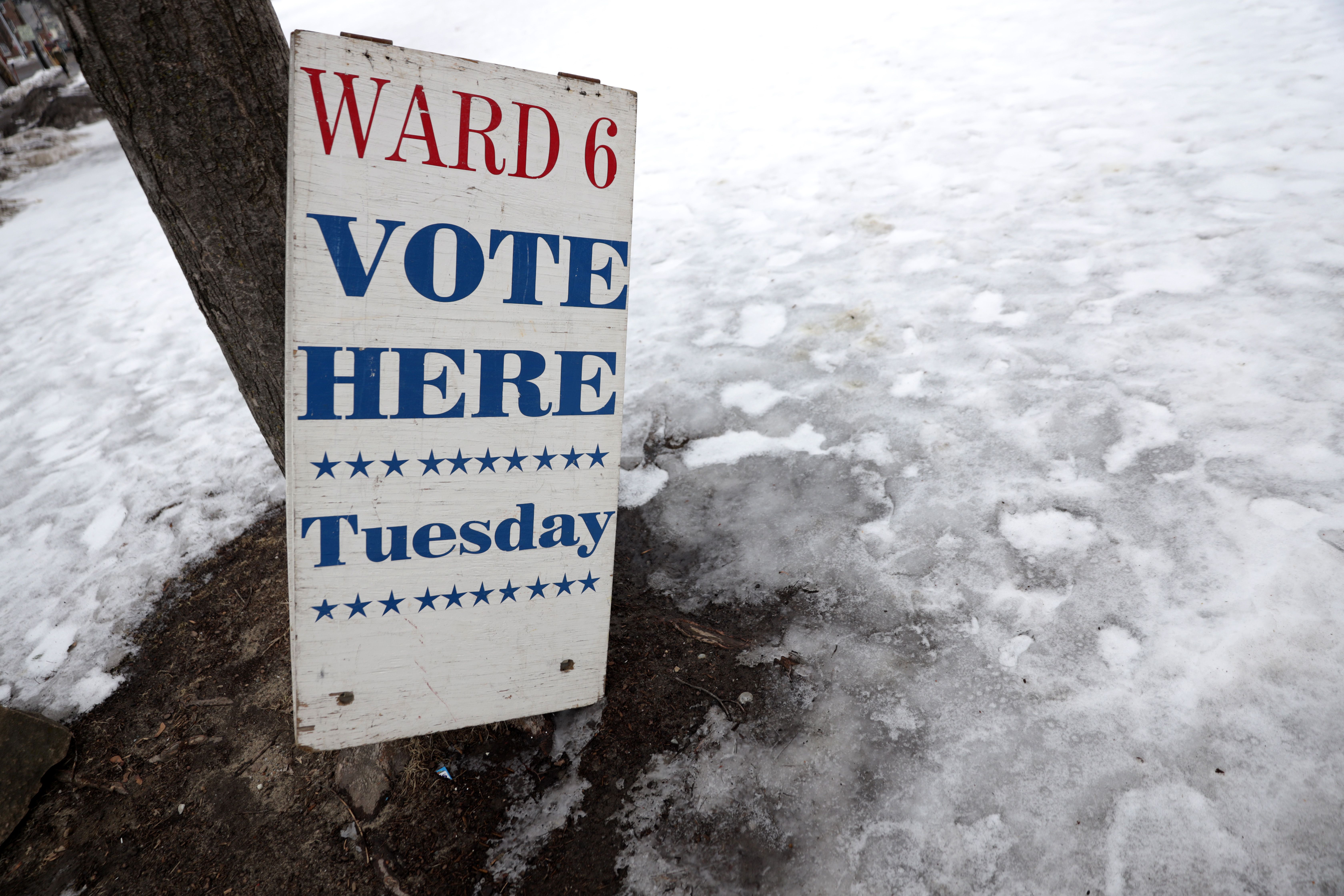 "Vote here" sign outside Burlington, Vt. polling station.