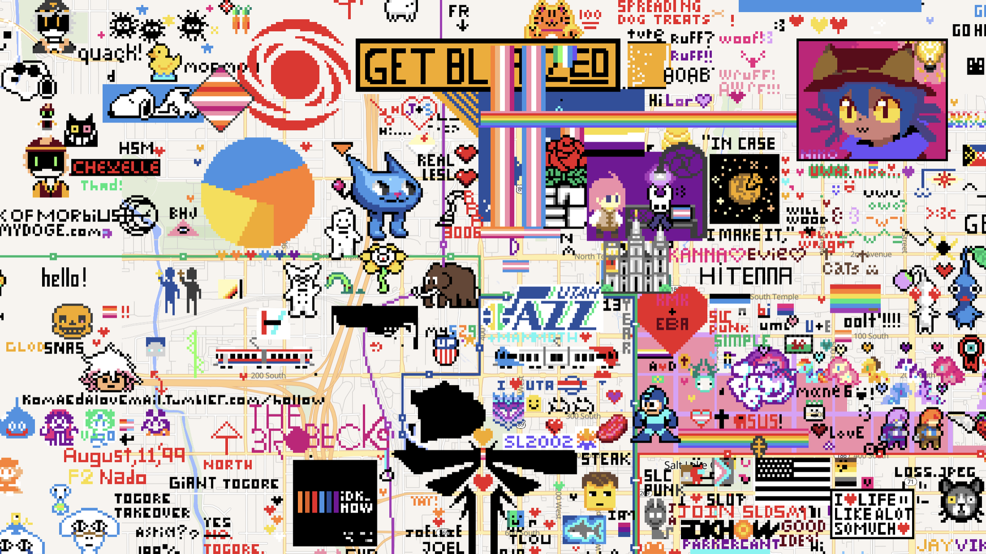 A colorful pixel art collage featuring various cartoon characters, text, logos, hearts, flags, and symbols on a grid background, with dominant red, blue, yellow, and black colors.