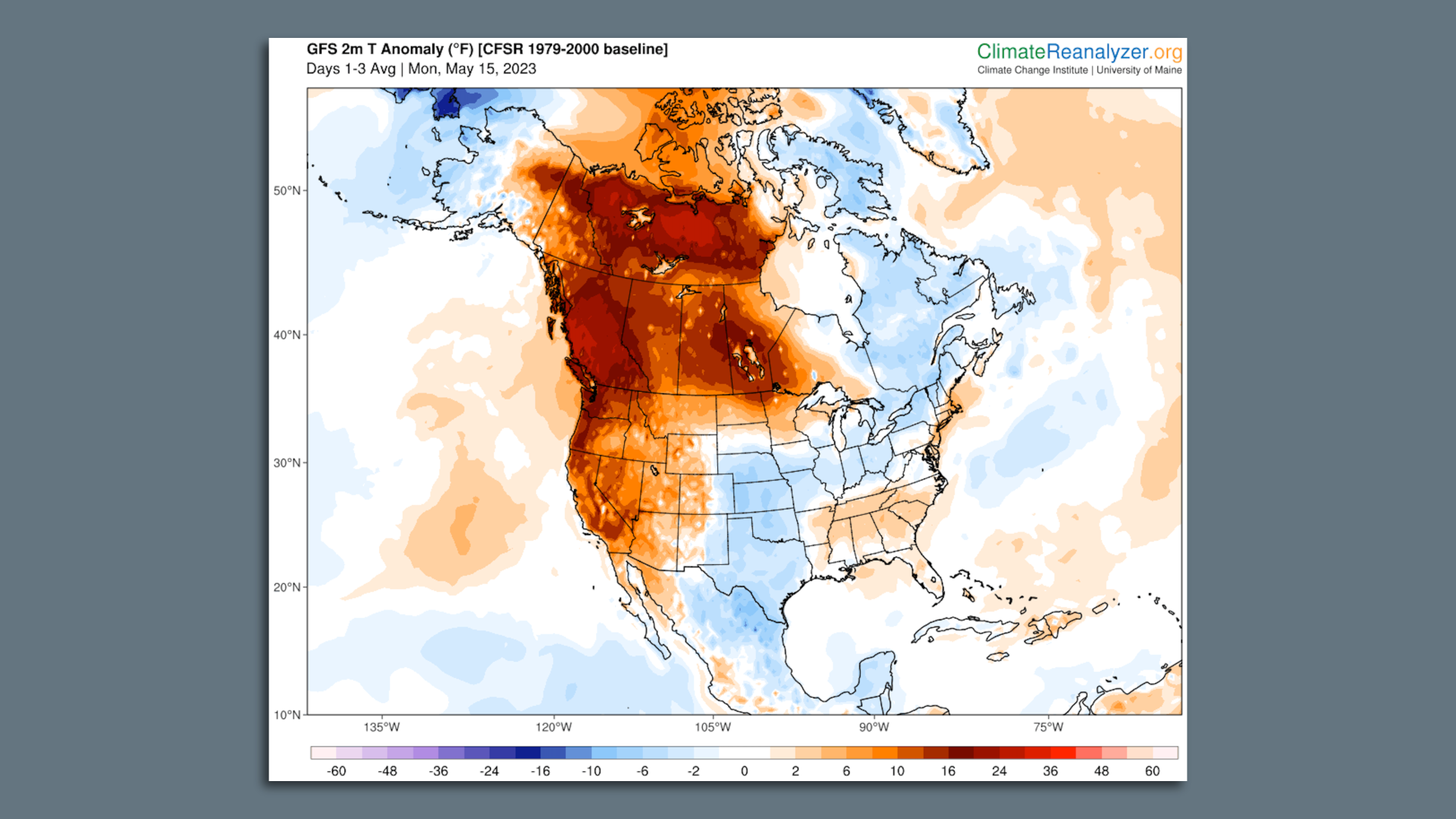 Map of forecast temperature anomalies from Monday through Wednesday May 17 in degrees Fahrenheit. 