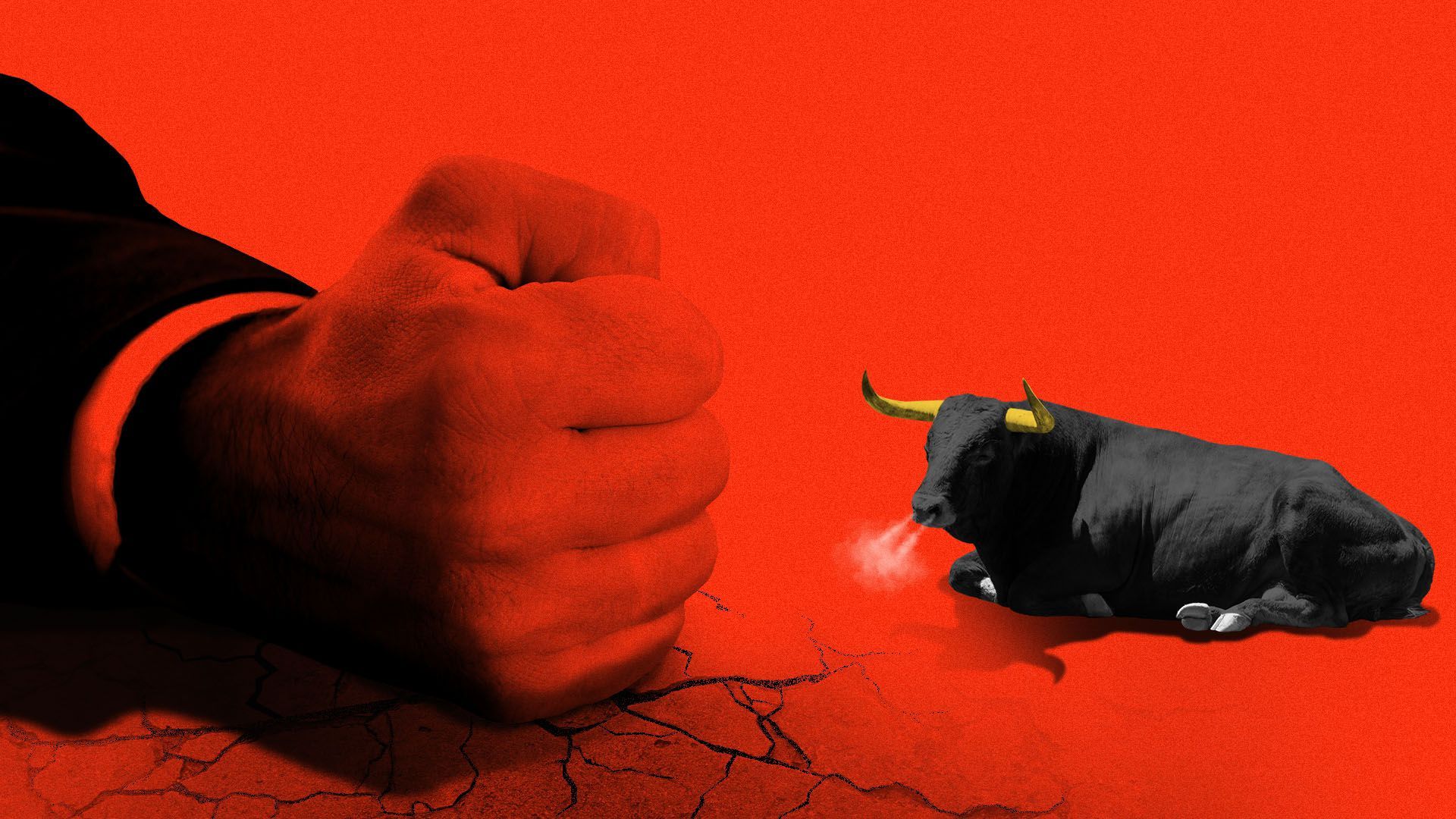 Illustration of a giant fist pounding into the ground, with a bull laying down unmoved beside it