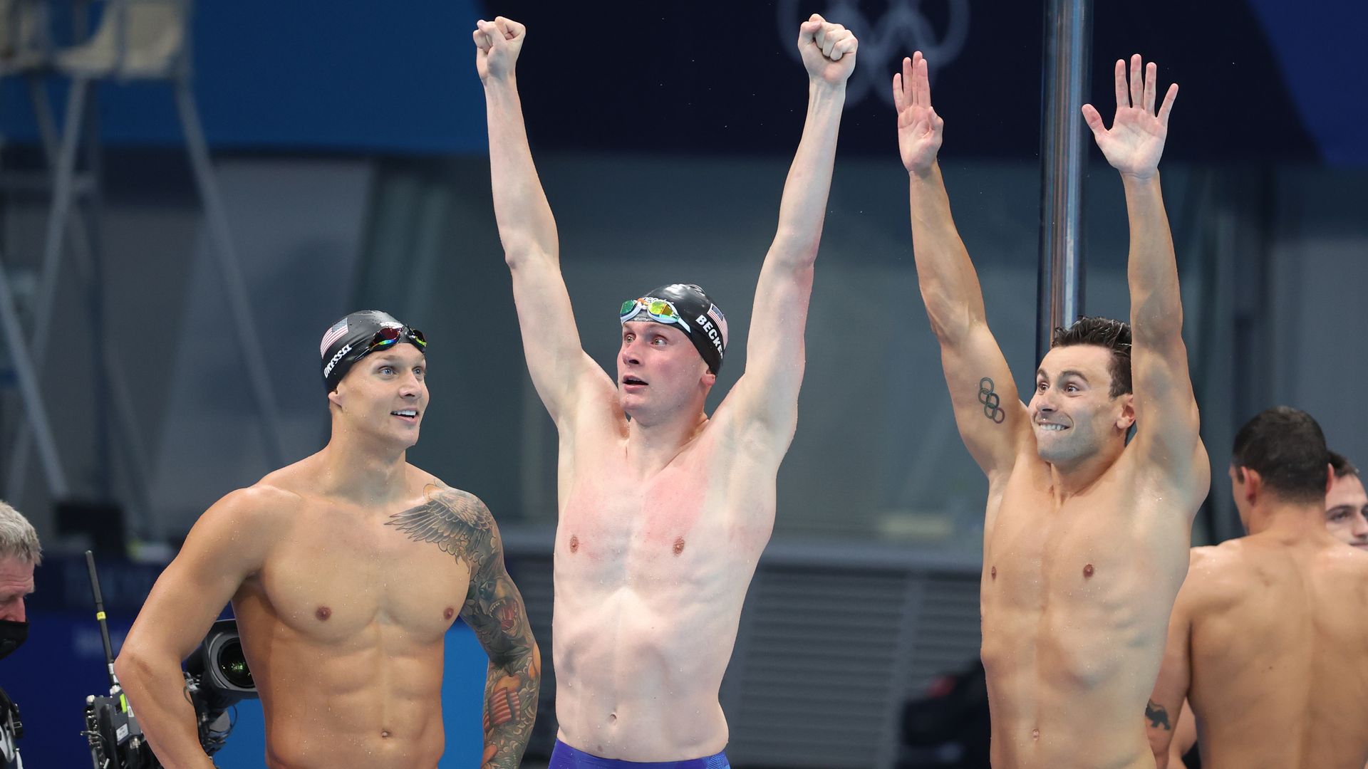 Team United States celebrate after winning gold in the men's 4x100 meter freestyle relay on day three of the Tokyo 2020 Olympic Games at Tokyo Aquatics Centre on July 26, 2021 in Tokyo, Japan.