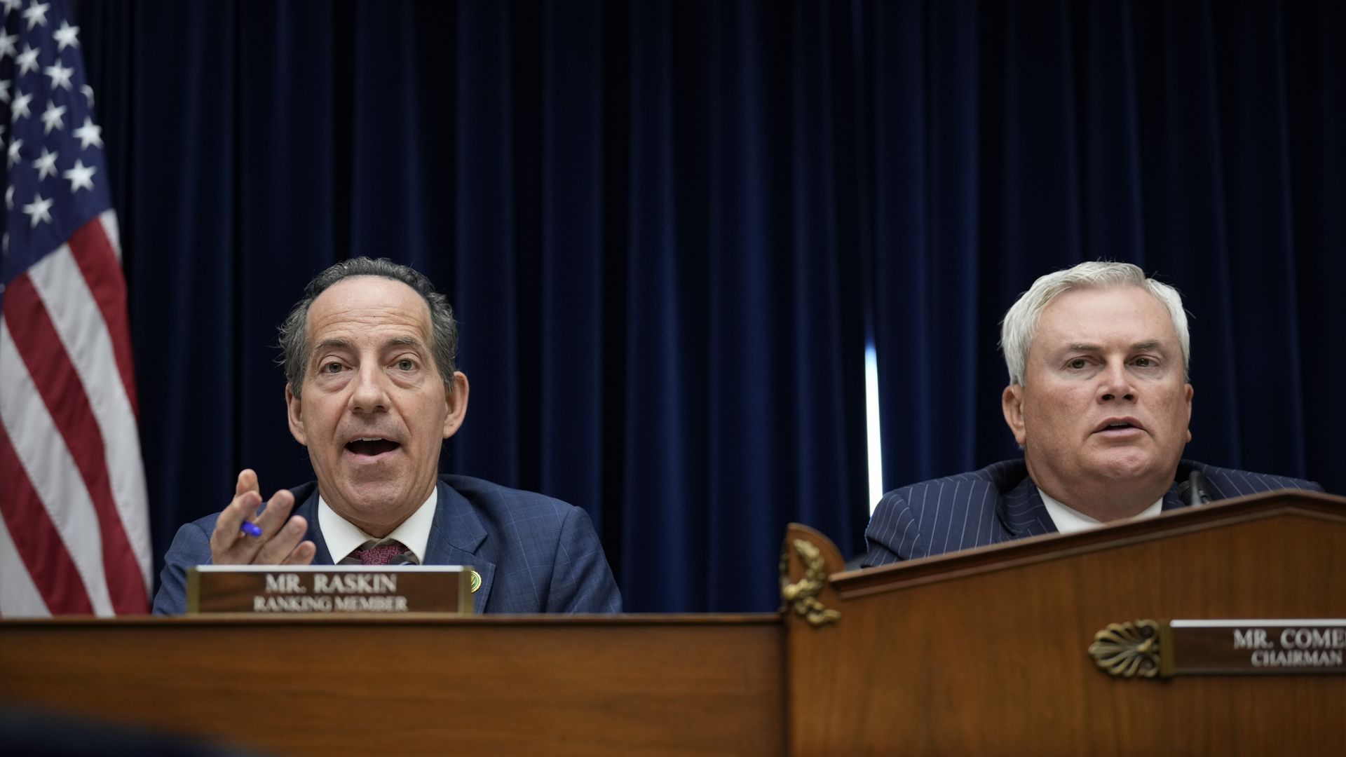 Chairman of the House Oversight Committee Rep. James Comer (R-KY) (R) looks on as Ranking Member Rep. Jamie Raskin (D-MD) delivers remarks during a Committee hearing titled "The Basis for an Impeachment Inquiry of President Joseph R. Biden, Jr." on Capitol Hill 