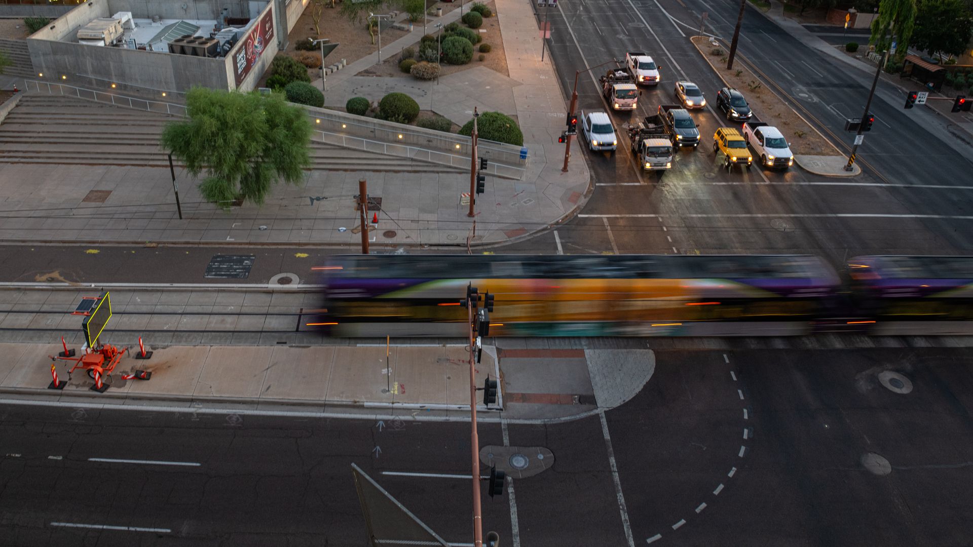 A blurred light rail train.