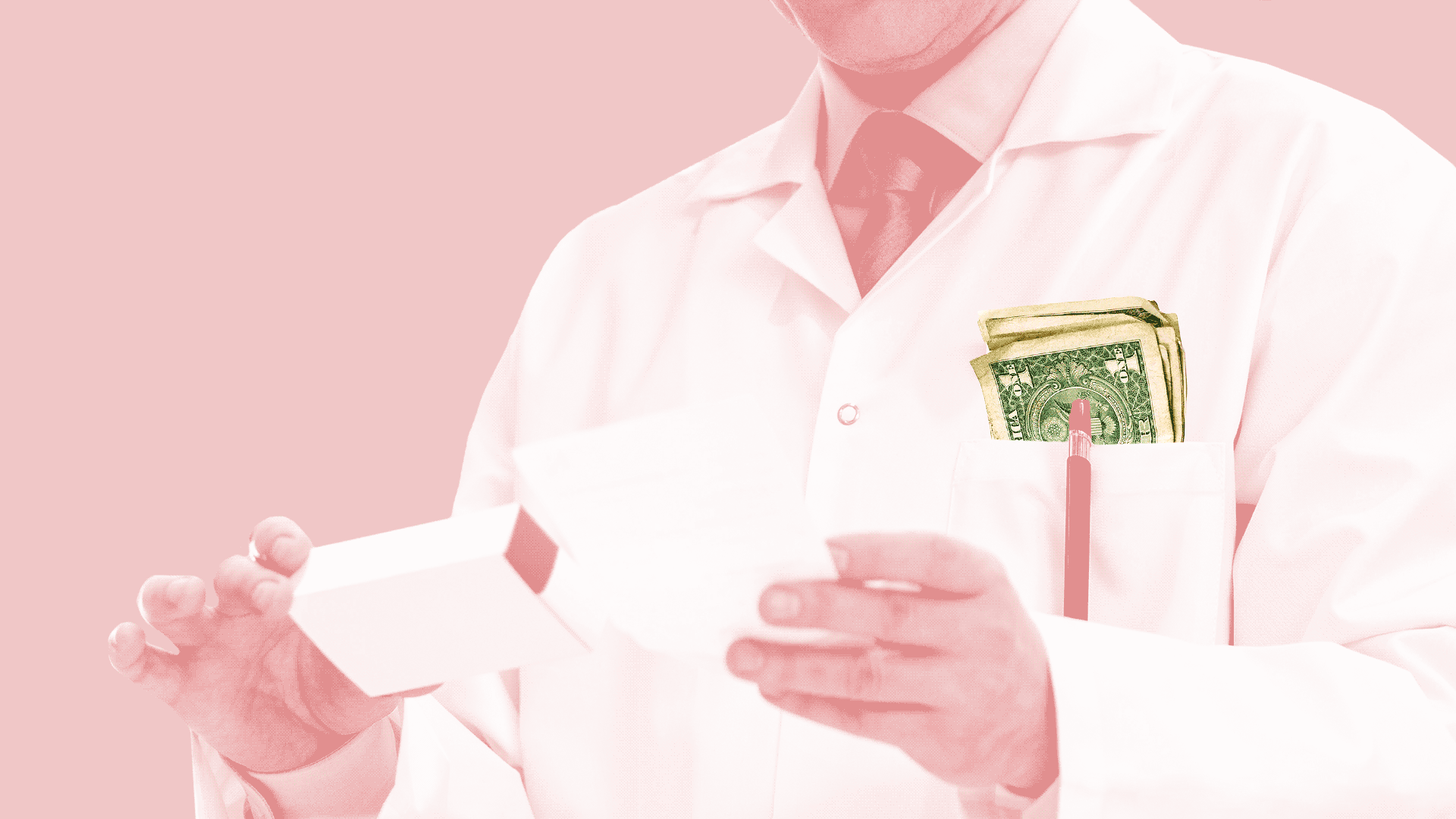  Illustration of money flying out of a pharmacist’s pocket 