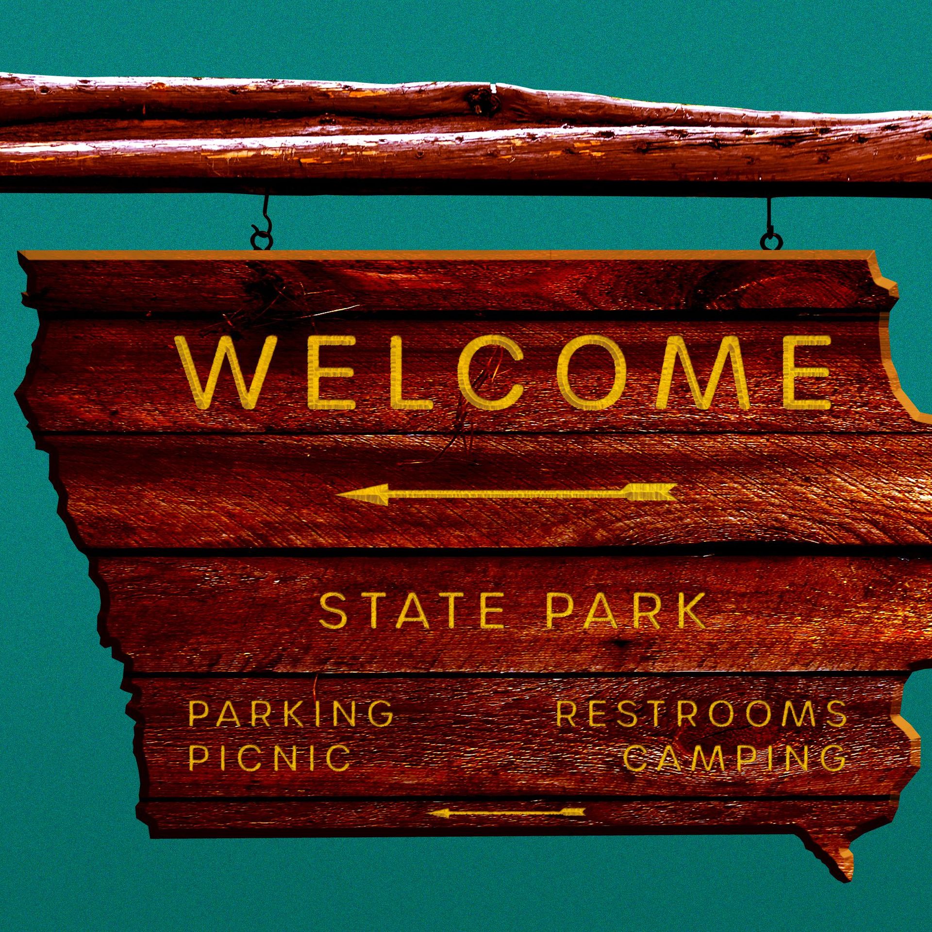 Illustration of a state park sign in the shape of Iowa.