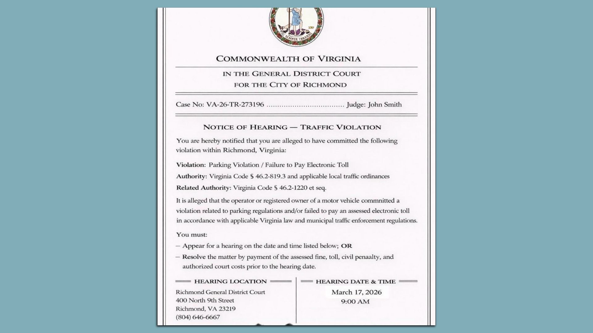 White document: Notice of Hearing — Traffic Violation from the Commonwealth of Virginia, Richmond General District Court. Includes case number, judge, hearing location, and date/time.