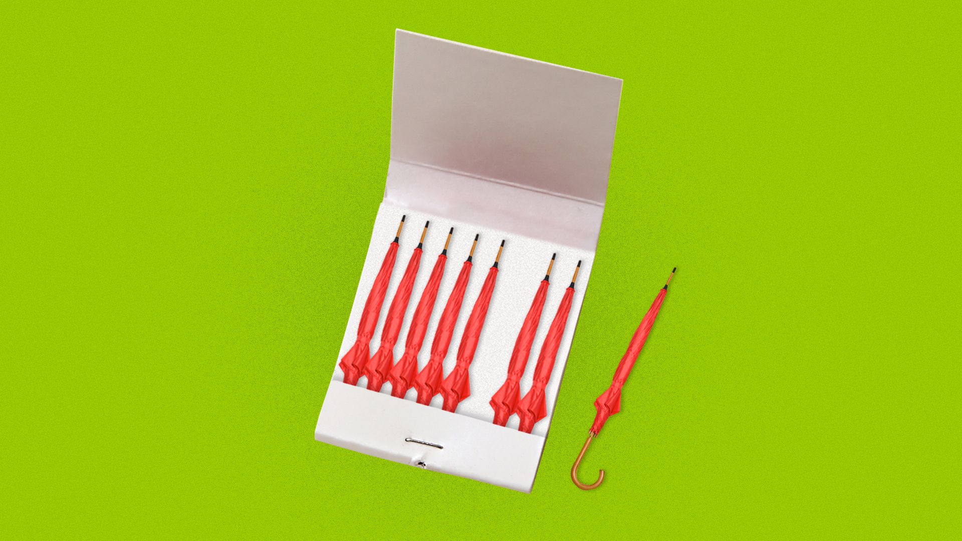 Photo illustration of a matchbook with umbrellas instead of matches. 