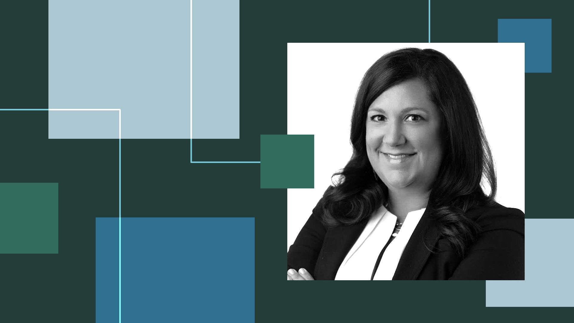 a photo illustration of amazon sustainability officer amazon sustainability officer Ashleigh de la Torre surrounded by colorful rectangles