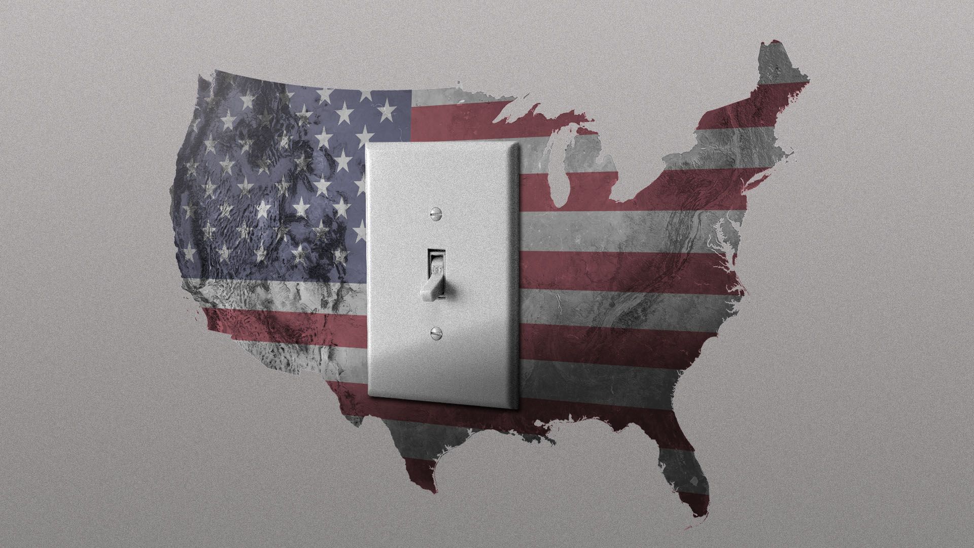 Illustration of a giant lightswitch over a map and flag of the United States 