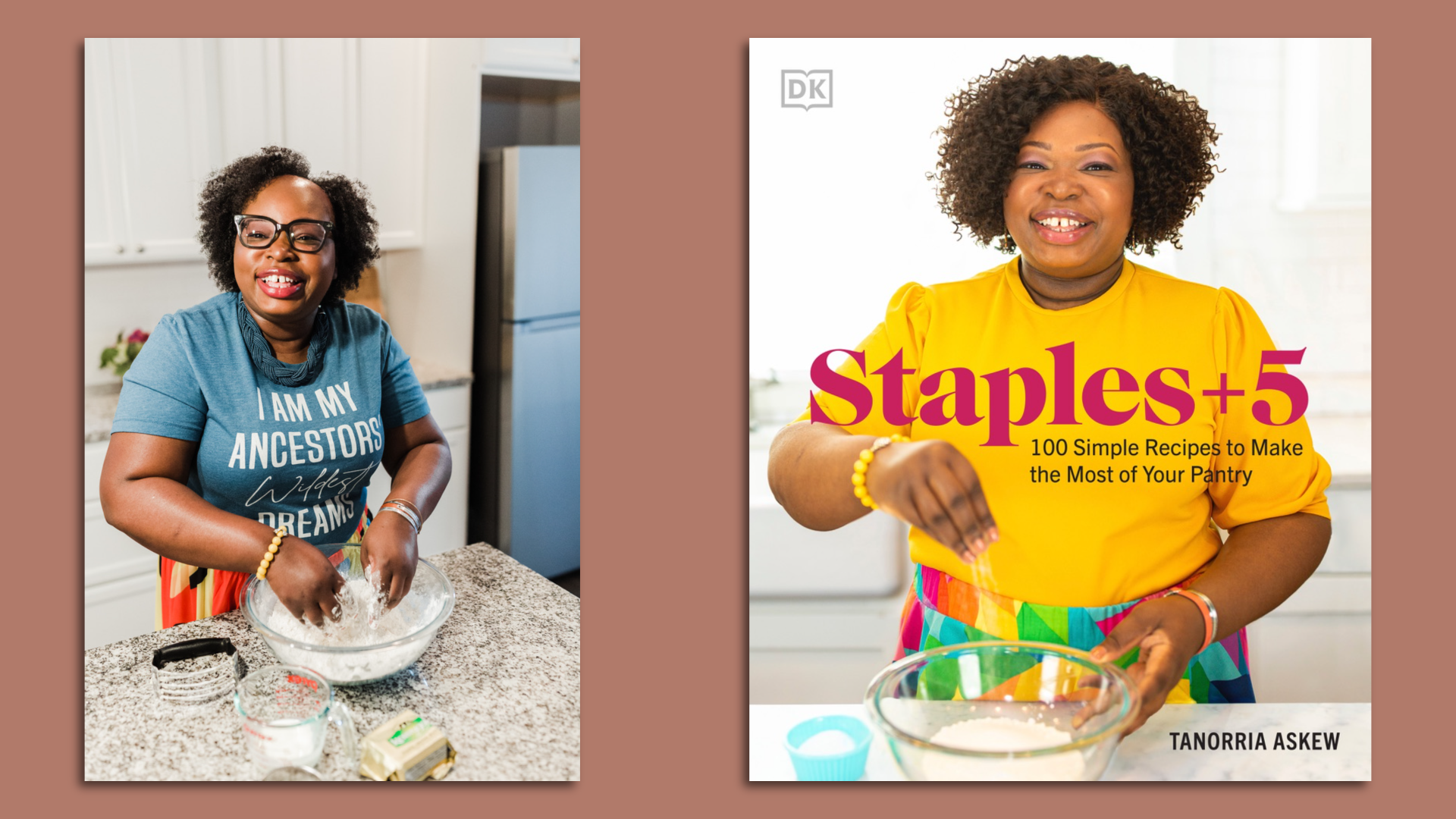 Tanorria Askew cooking and her book cover