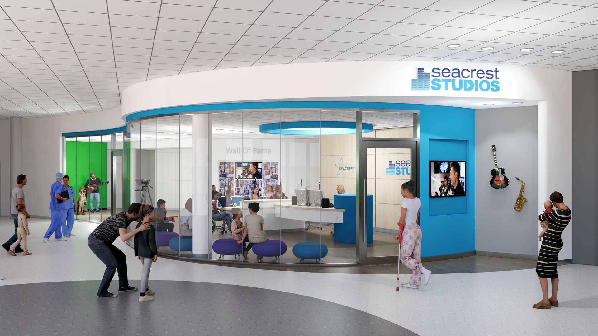 A rendering of a music studio that says Seacrest Studios inside a Children's Hospital building.