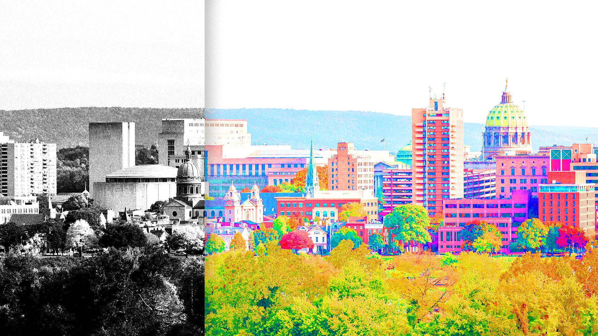 Photo Illustration of York, Pennsylvania that is partially in black and white and partially in color.