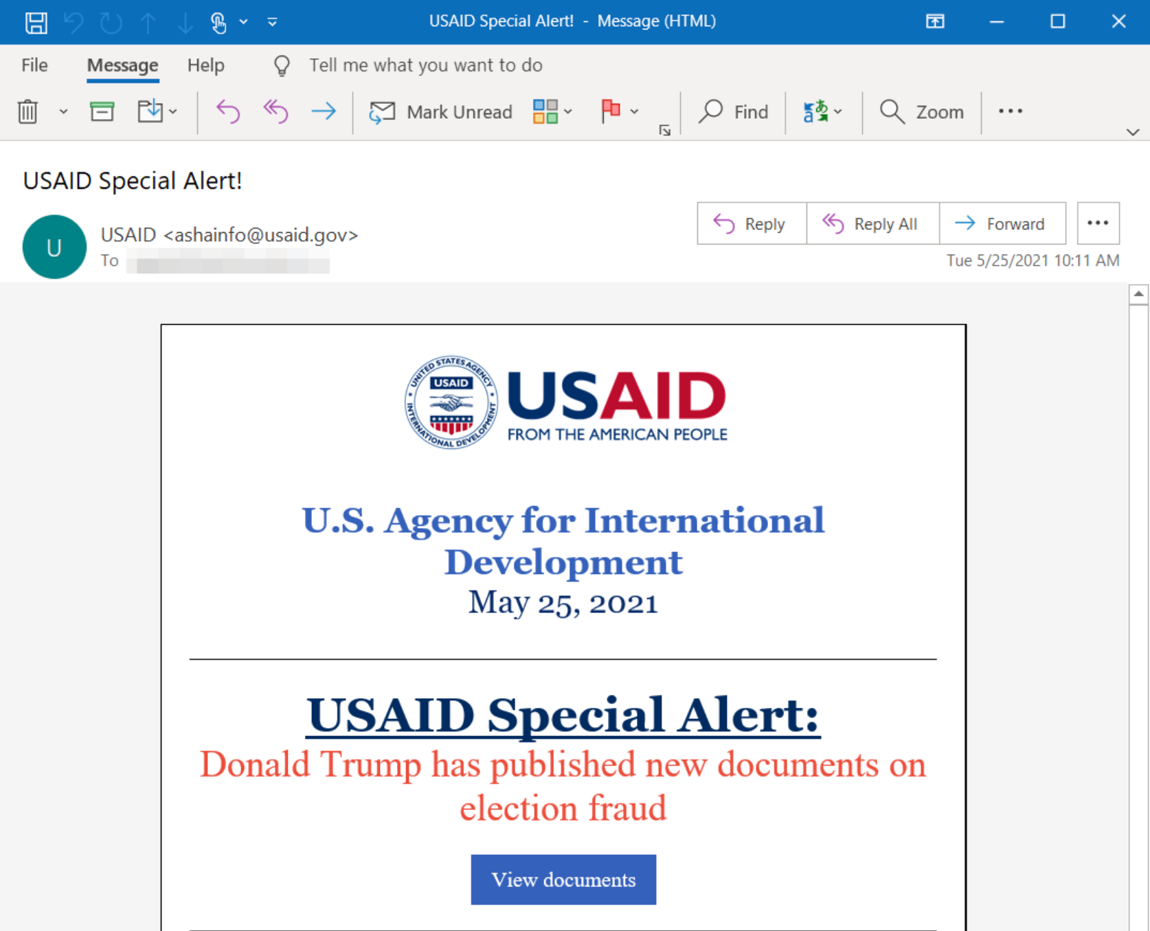 An example of a phishing email meant to resemble a legitimate email from USAID.