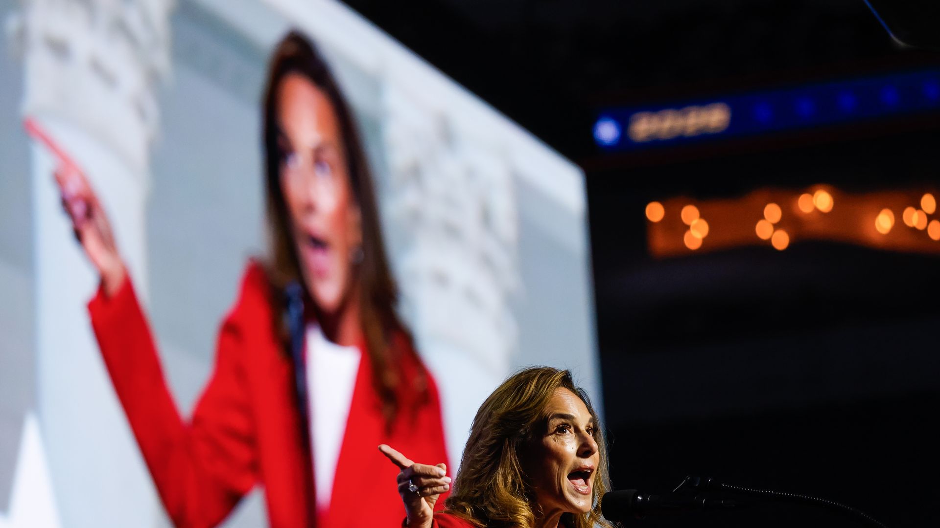 House Republican Conference Chair Lisa McClain speaks on stage at the GOP's midterm convention in Dallas on Sept. 10.