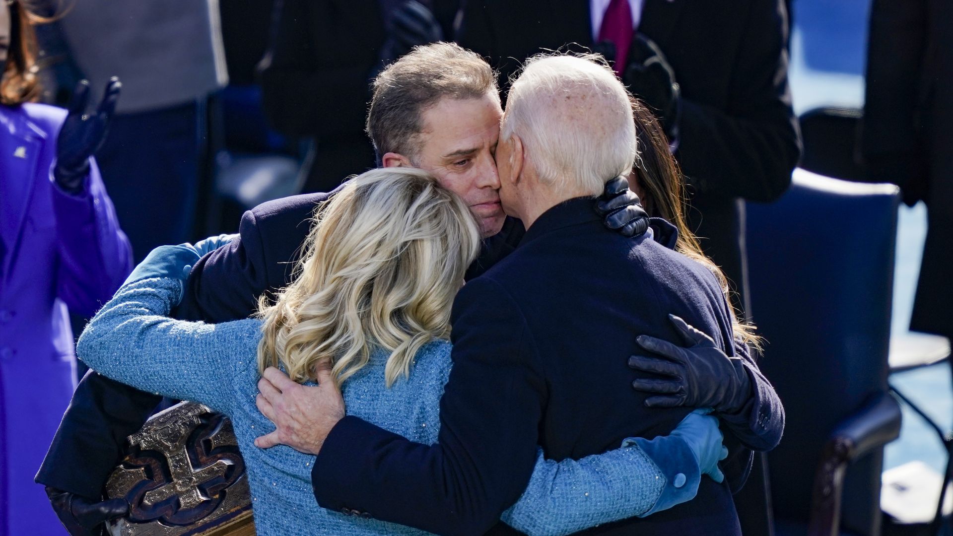 President Biden and First Lady Jill Biden hug their son Hunter and daughter Ashley.