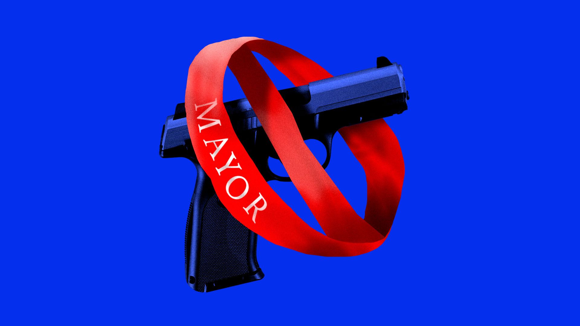 Illustration of a mayor's sash in the shape of a prohibition sign around a handgun 