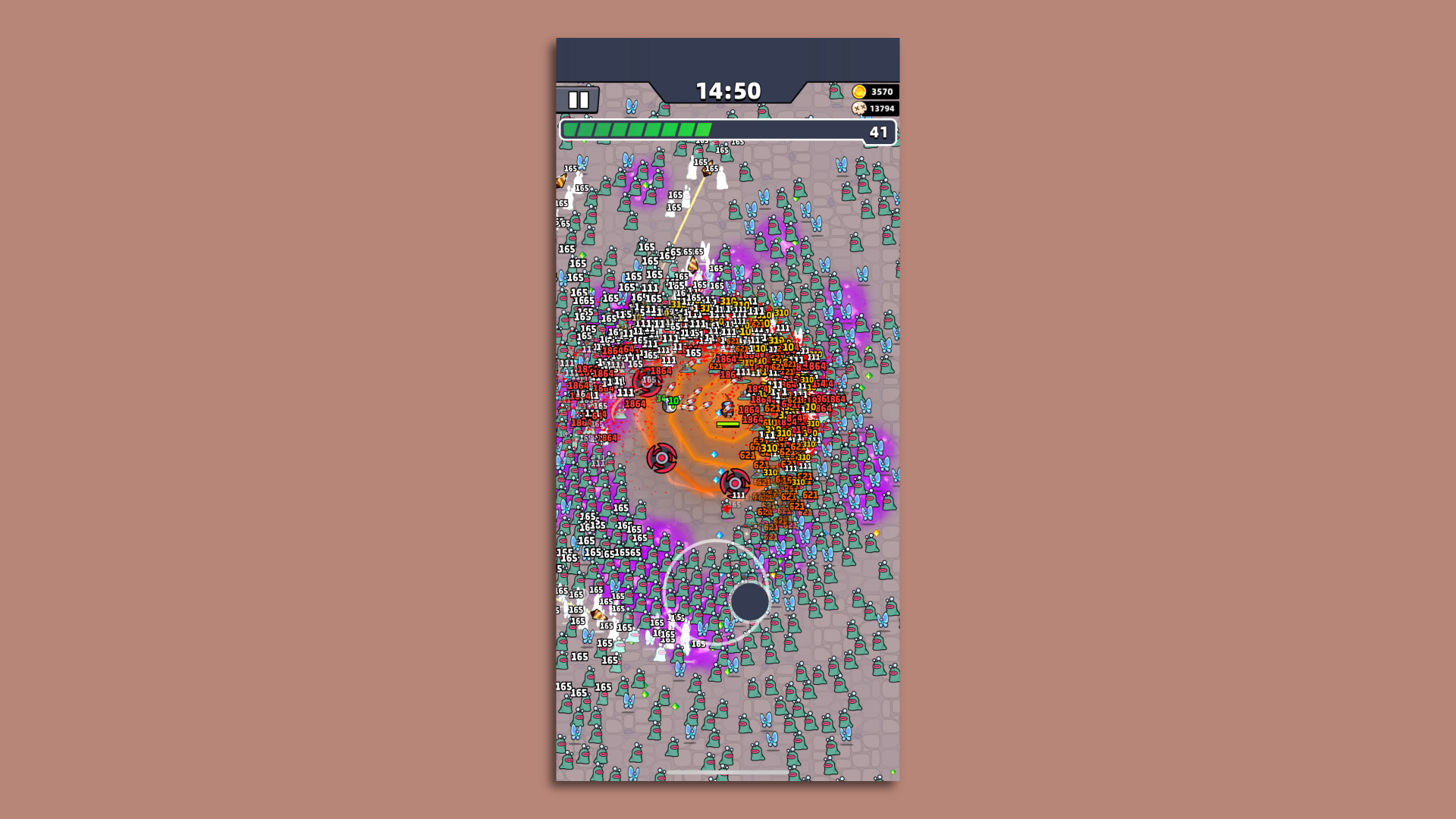 Video game screenshot of a tiny warrior surrounded by hundreds of little blue enemy blobs. Numbers on the screen show the damage they're taking