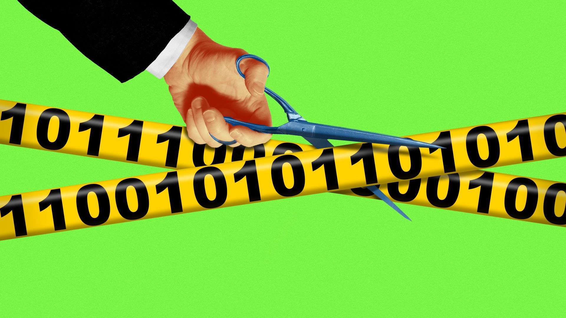 Illustration of a hand with scissors cutting through caution tape featuring binary code