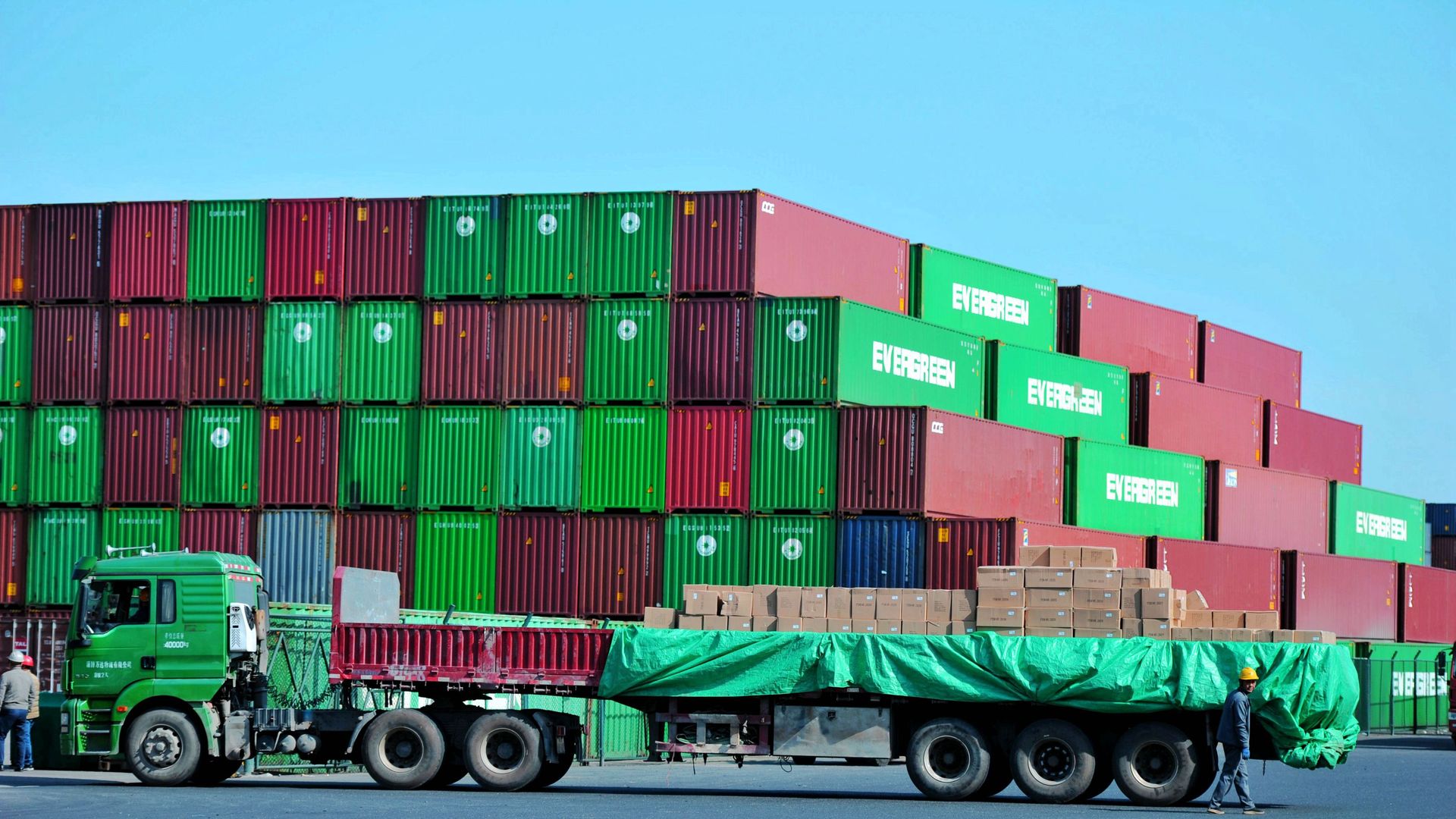 A distribution company outside the container port in Qingdao in east China's Shandong province.