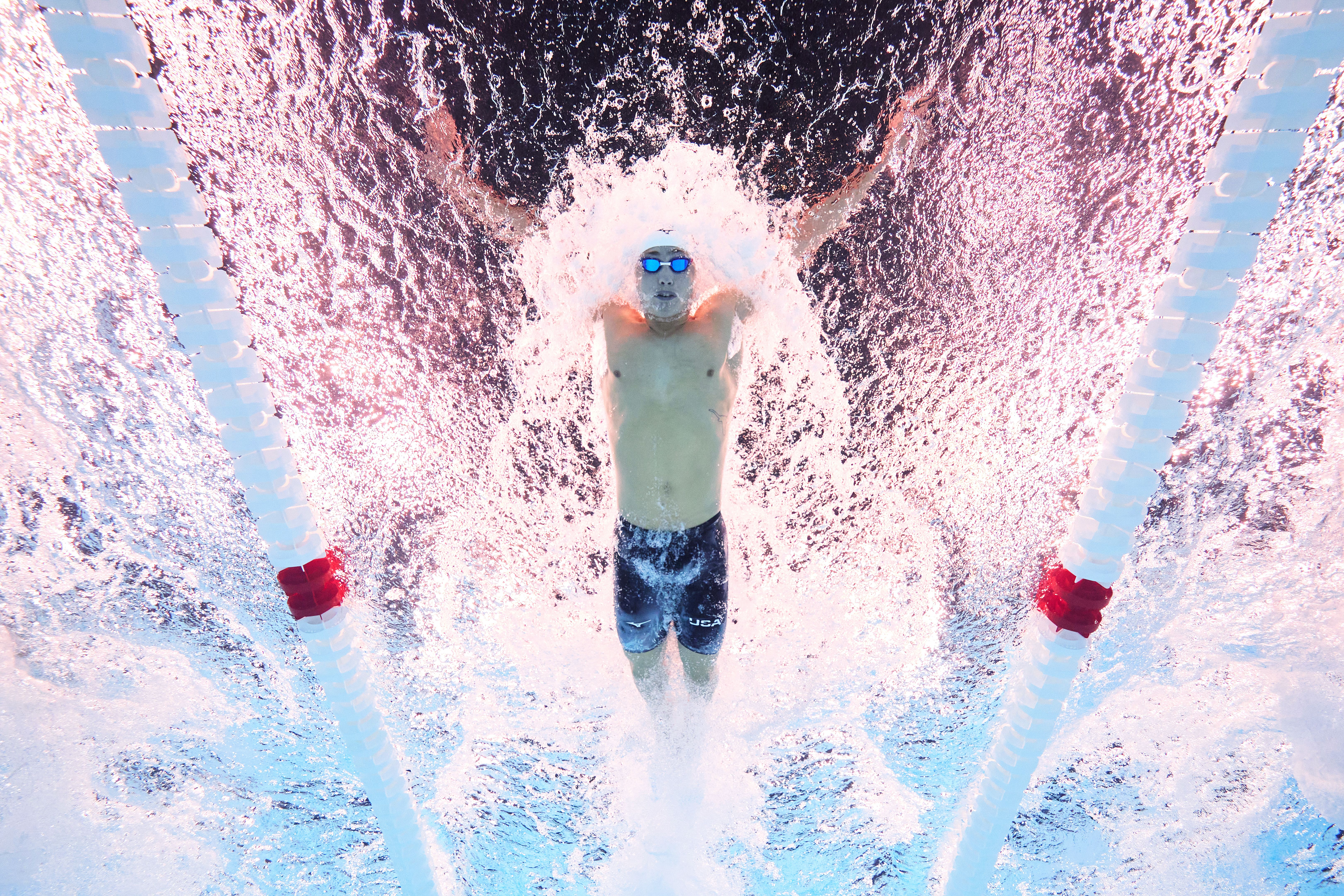 Carson Foster of Team United States competes in the Men’s 400m Individual Medley Heats on day two of the Olympic Games Paris 2024 at Paris La Defense Arena on July 28, 2024 in Nanterre, France. 
