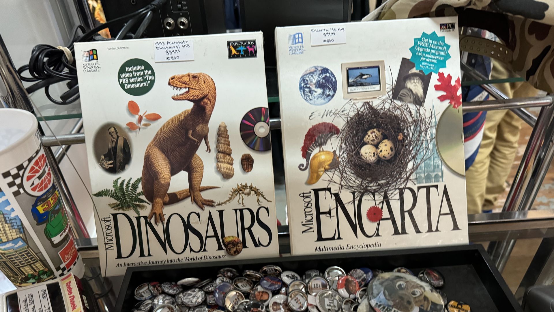 Boxed copies of Microsoft Dinosaurs and Microsoft Encarta at a vintage store in Seattle.