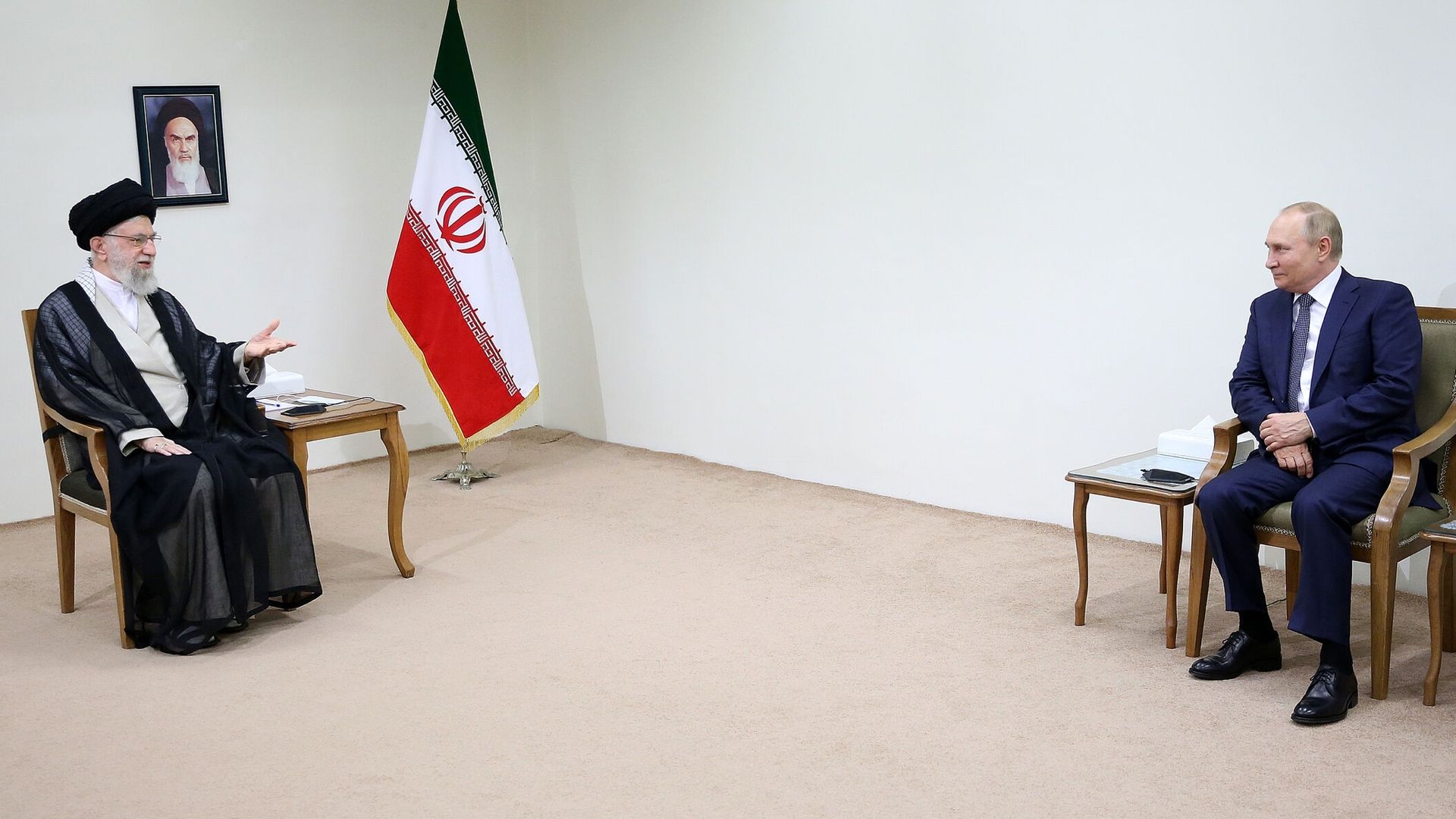 Iranian Supreme Leader Ali Khamenei (L) meets with Russian President Vladimir Putin (R) in Tehran, Iran on July 19, 2022. (Photo by Iranian Leader Press Office/Anadolu Agency via Getty Images)