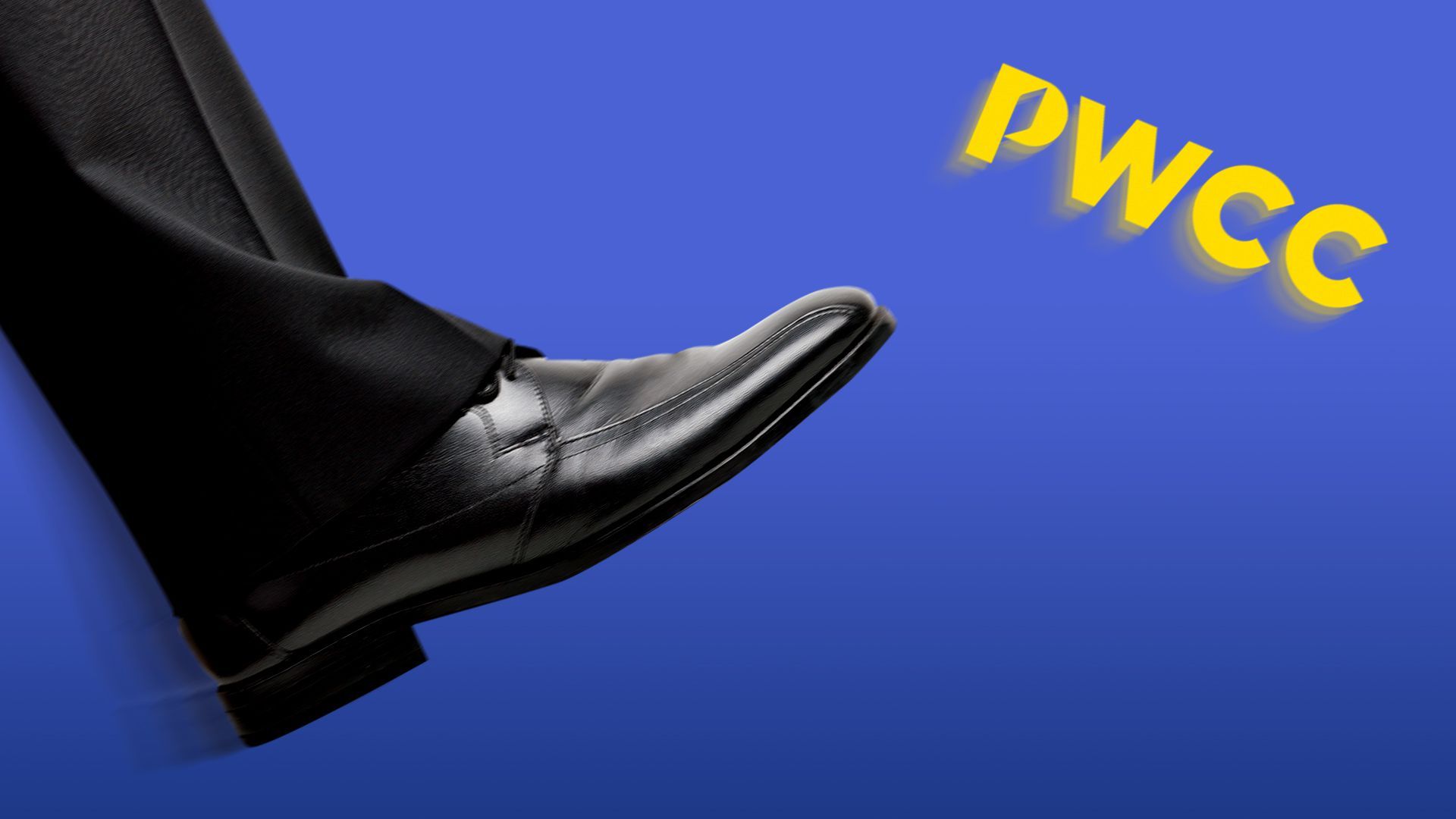 Illustration of a shoe kicking the PWCC logo off screen