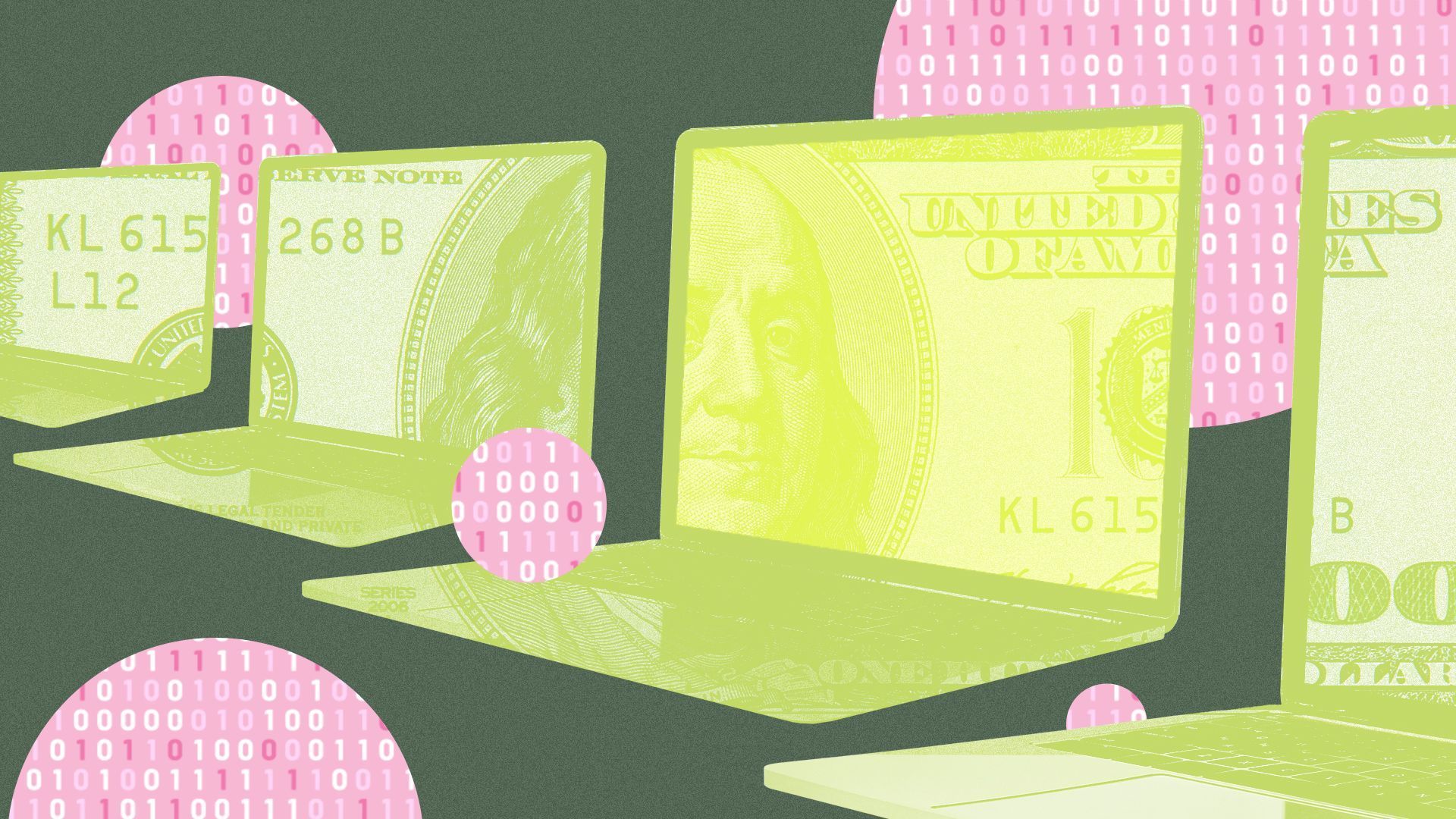 Illustration of code in pink circles and laptops with money overlaid.  