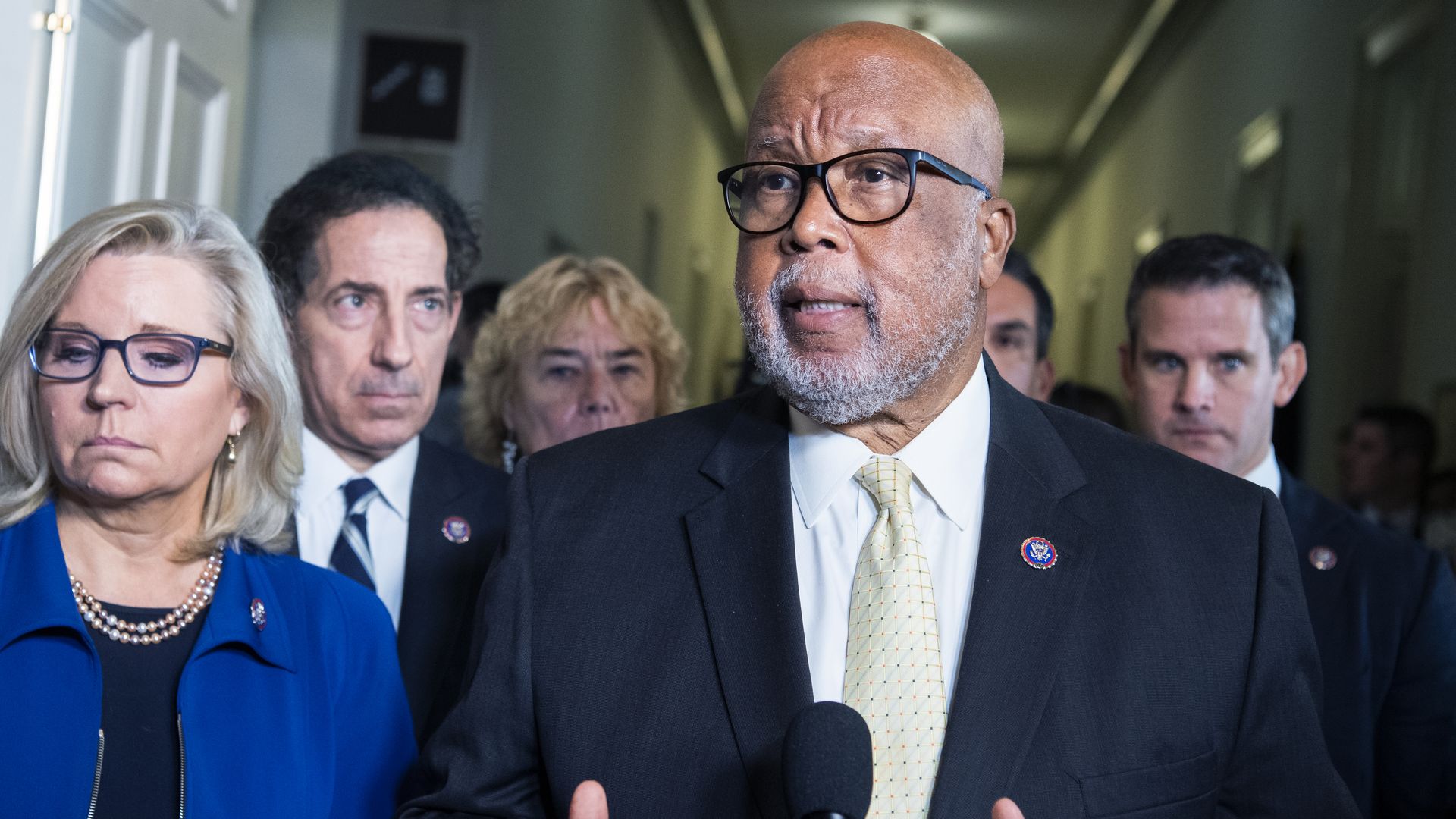 Chairman Bennie Thompson and other members of the select committee speak to reporters