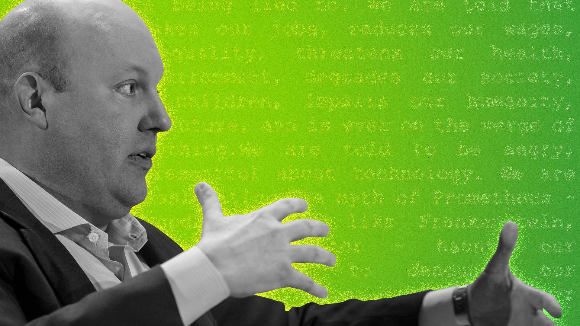 Photo illustration of Marc Andreessen surrounded by tweet copy that discusses technology and the future. 