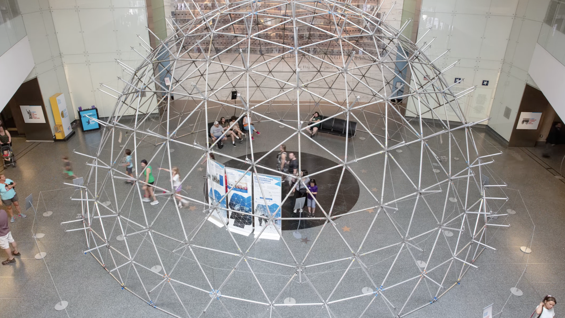The fully assembled aluminum geodesic dome