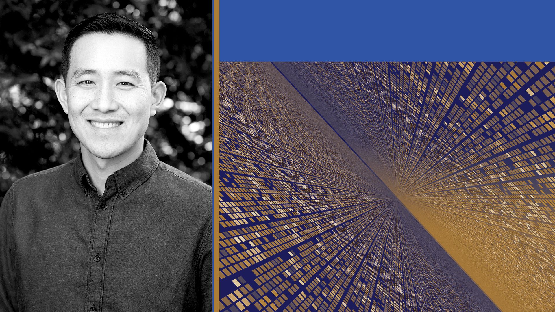Photo illustration of Ethan Choi next to an image of a horizon of pixels approaching the reader.