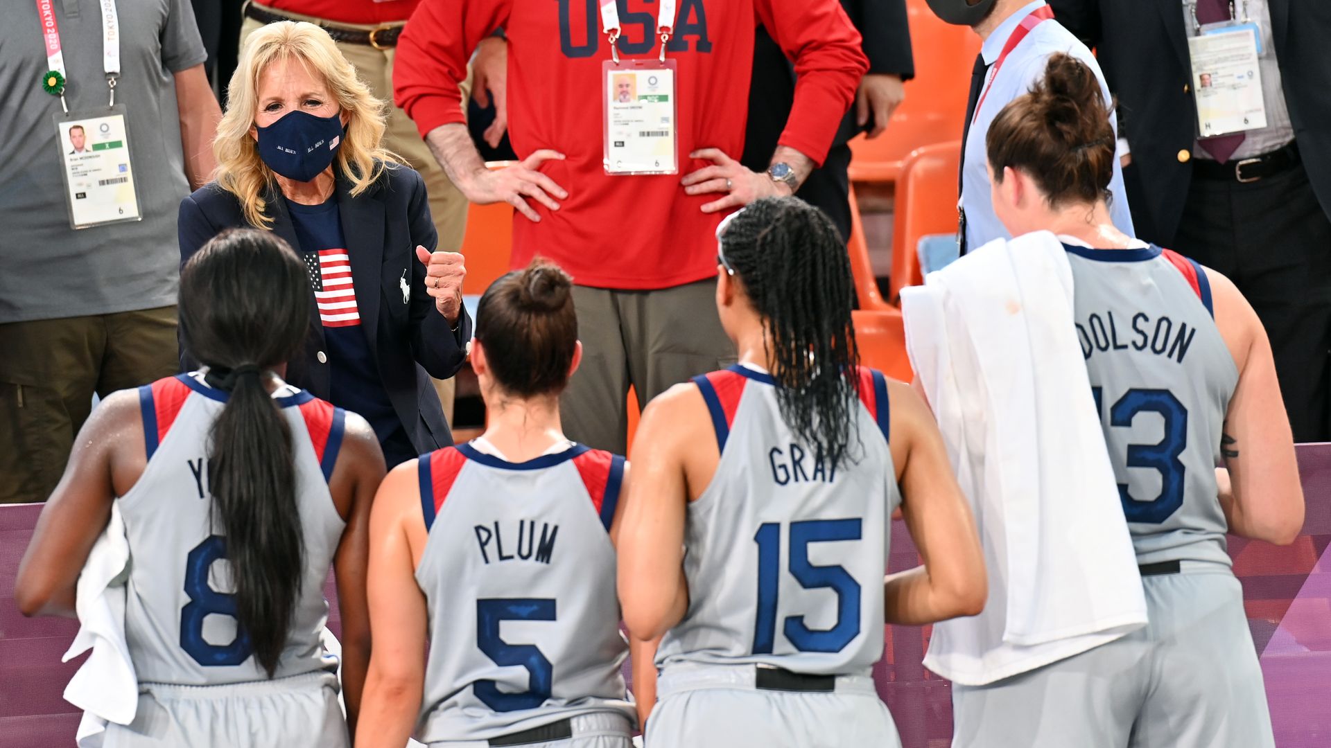 Jill Biden cheers on the 3x3 women's basketball team.