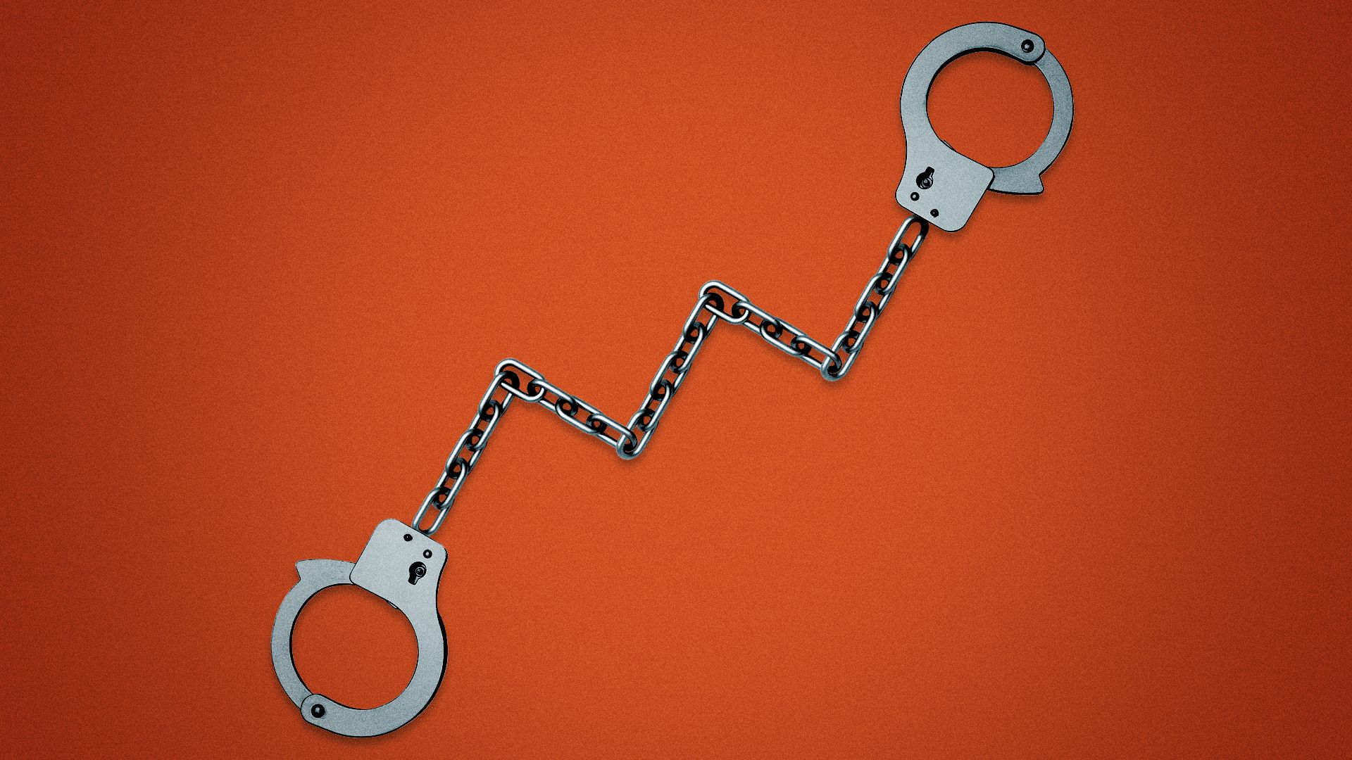 Illustration of silver handcuffs connected by a chain shaped like an upward-trending zigzag line on a solid orange background.
