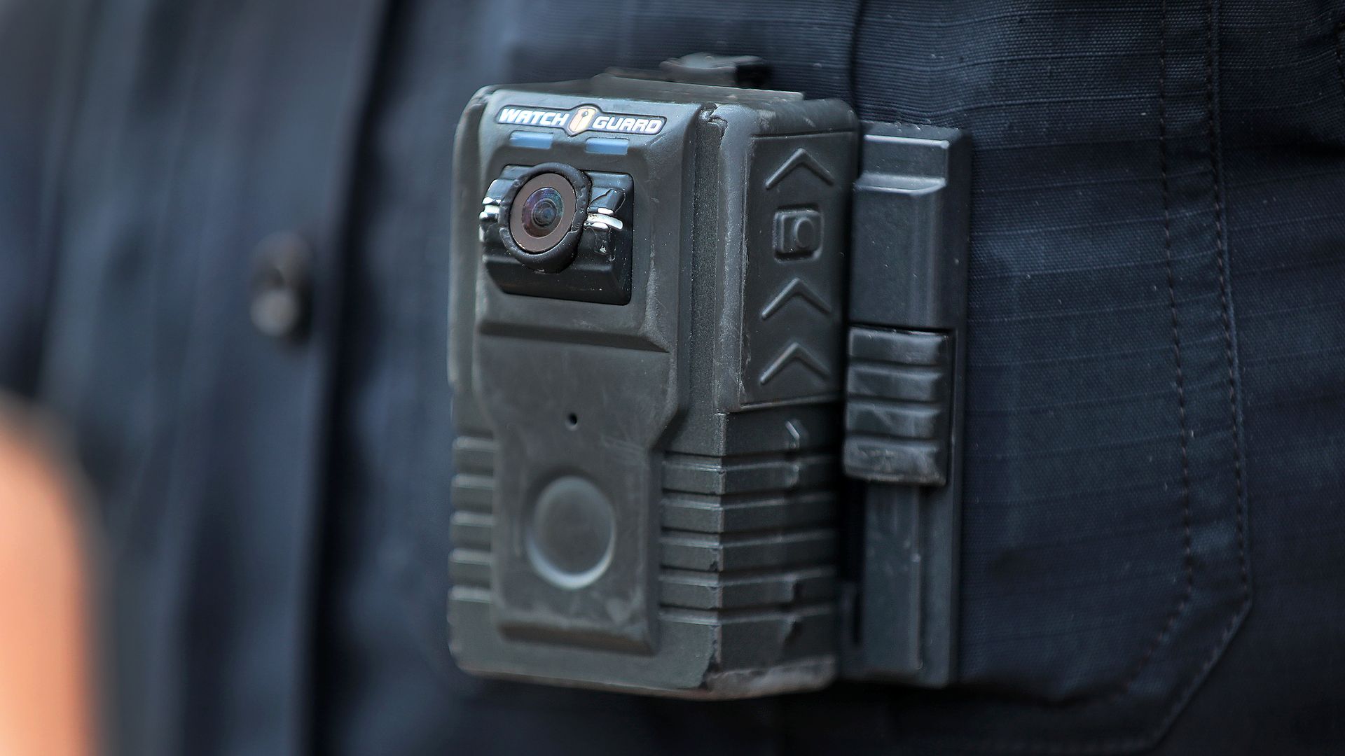  Ipswich police officer David Moore is pictured wearing a body camera in Ipswich, Massachusetts. 