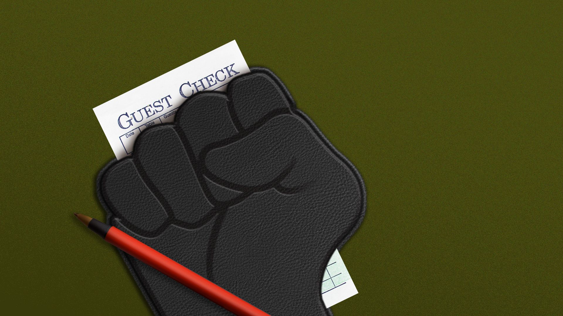 Illustration of a check holder in the shape of a fist. 