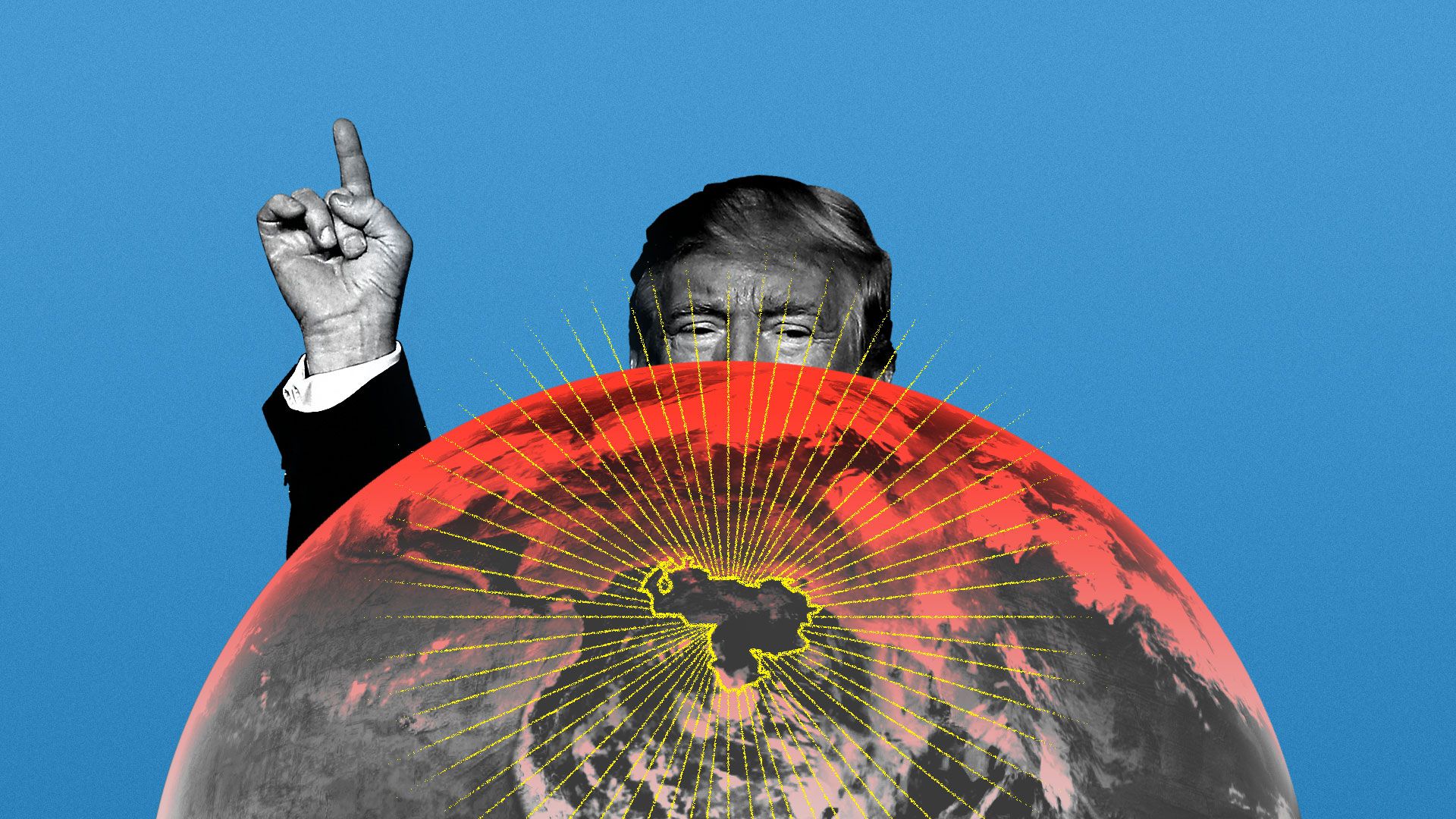 Trump peering from behind a globe and wagging his finger at Venezuela