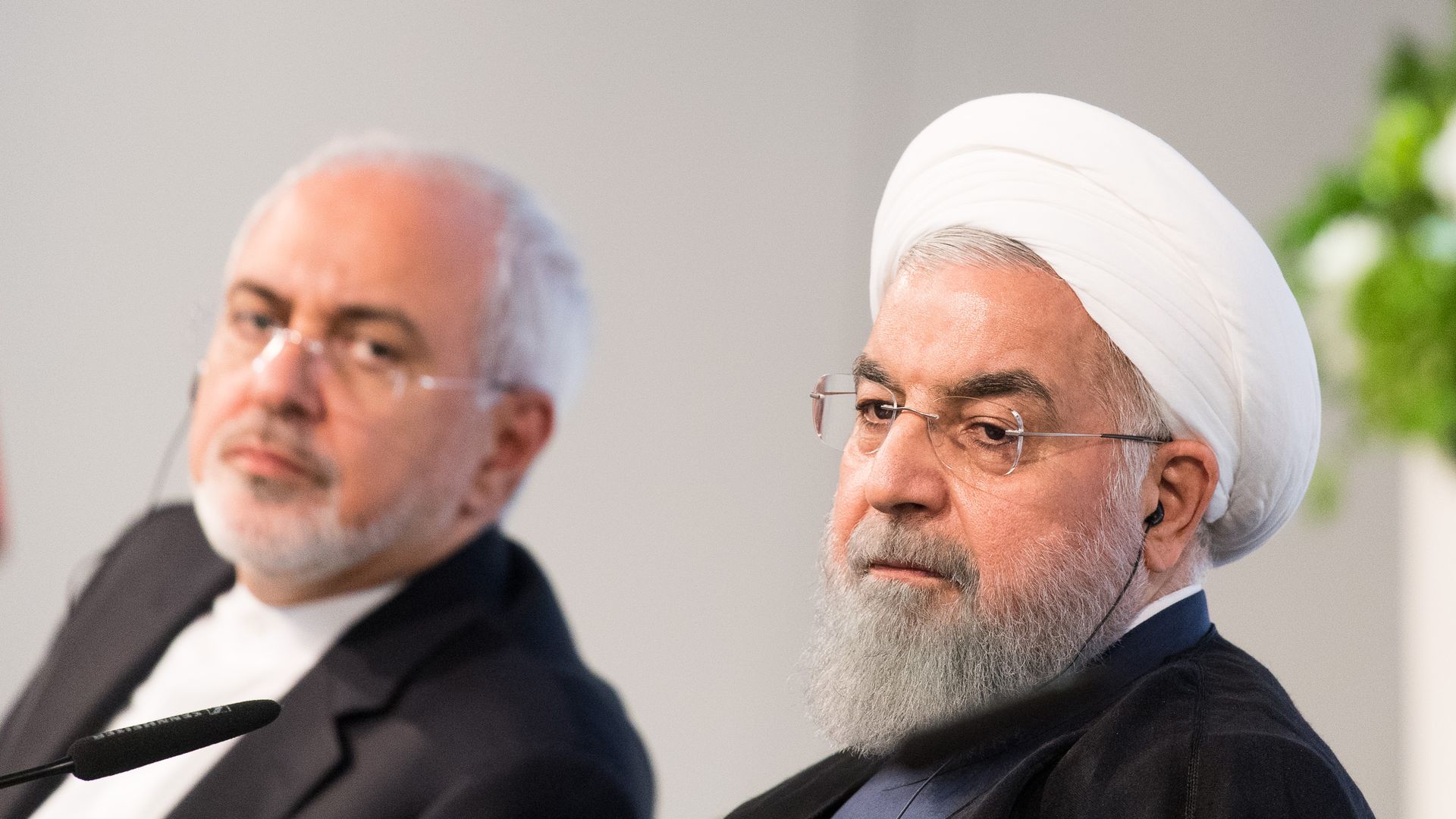Iranian President Hassan Rouhani and Mohammad Javad Zarif, Iran's foreign secretary, at the Austrian Chamber of Commerce on July 4, 2018 in Vienna, Austria. 
