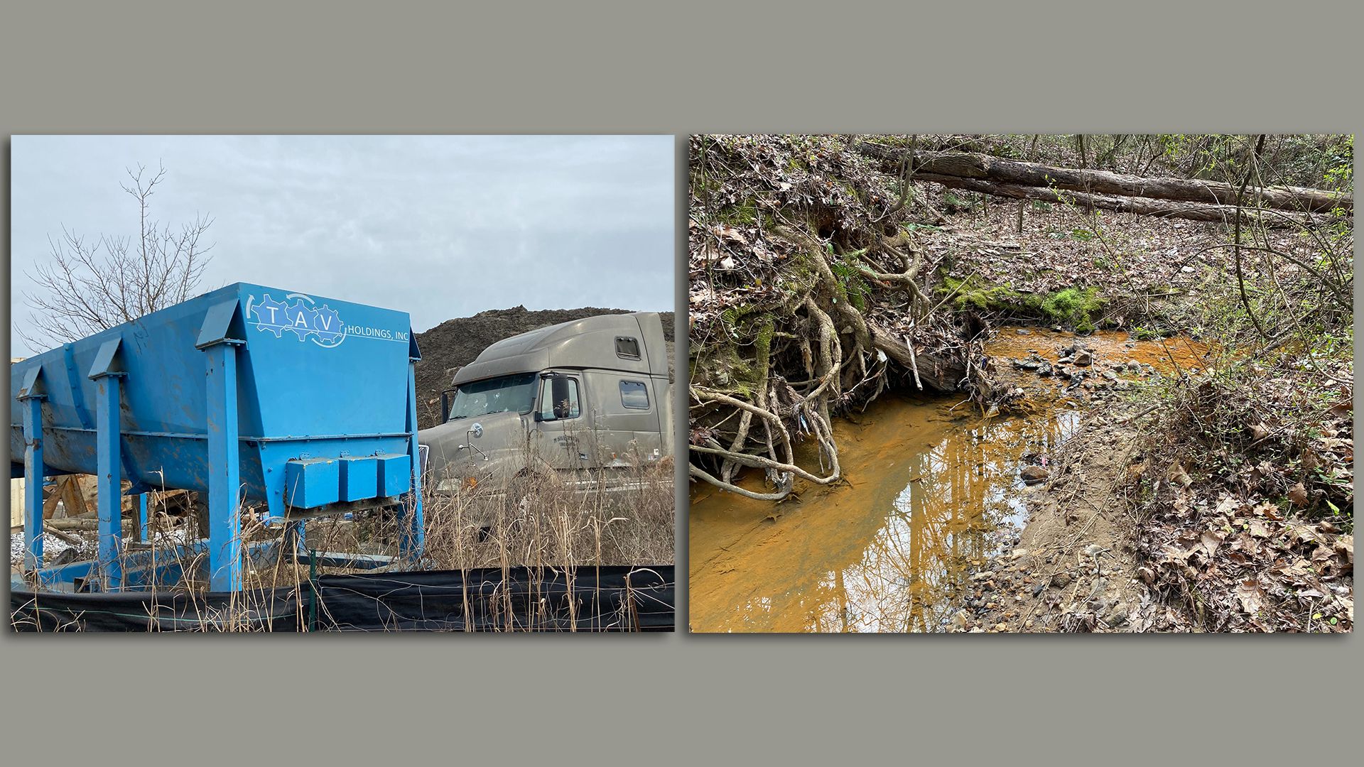 A side-by-side photo of a semi trailer in front of a large pile of industrial waste and a creek with orange streaks in the water
