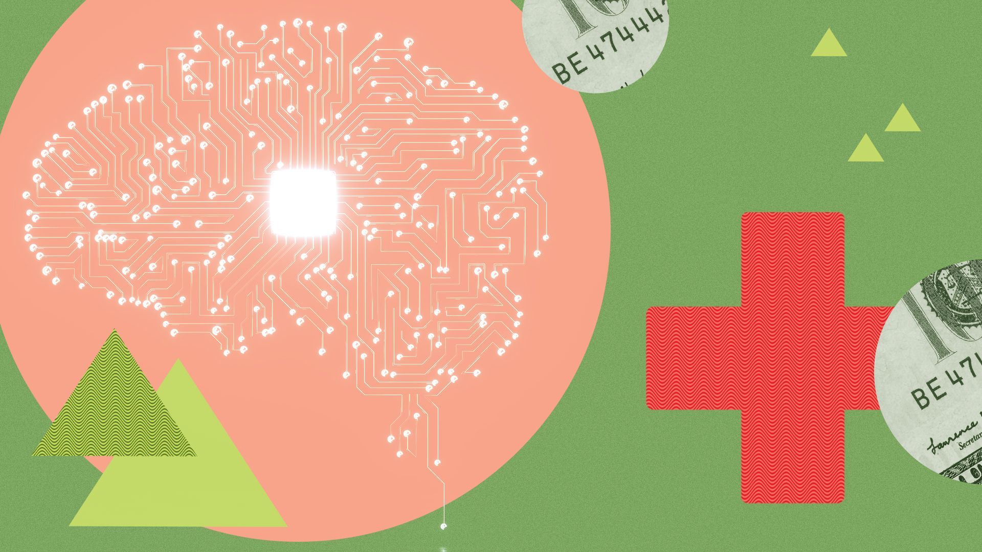Illustration of an AI brain surrounded by shapes, health crosses, and money elements. 