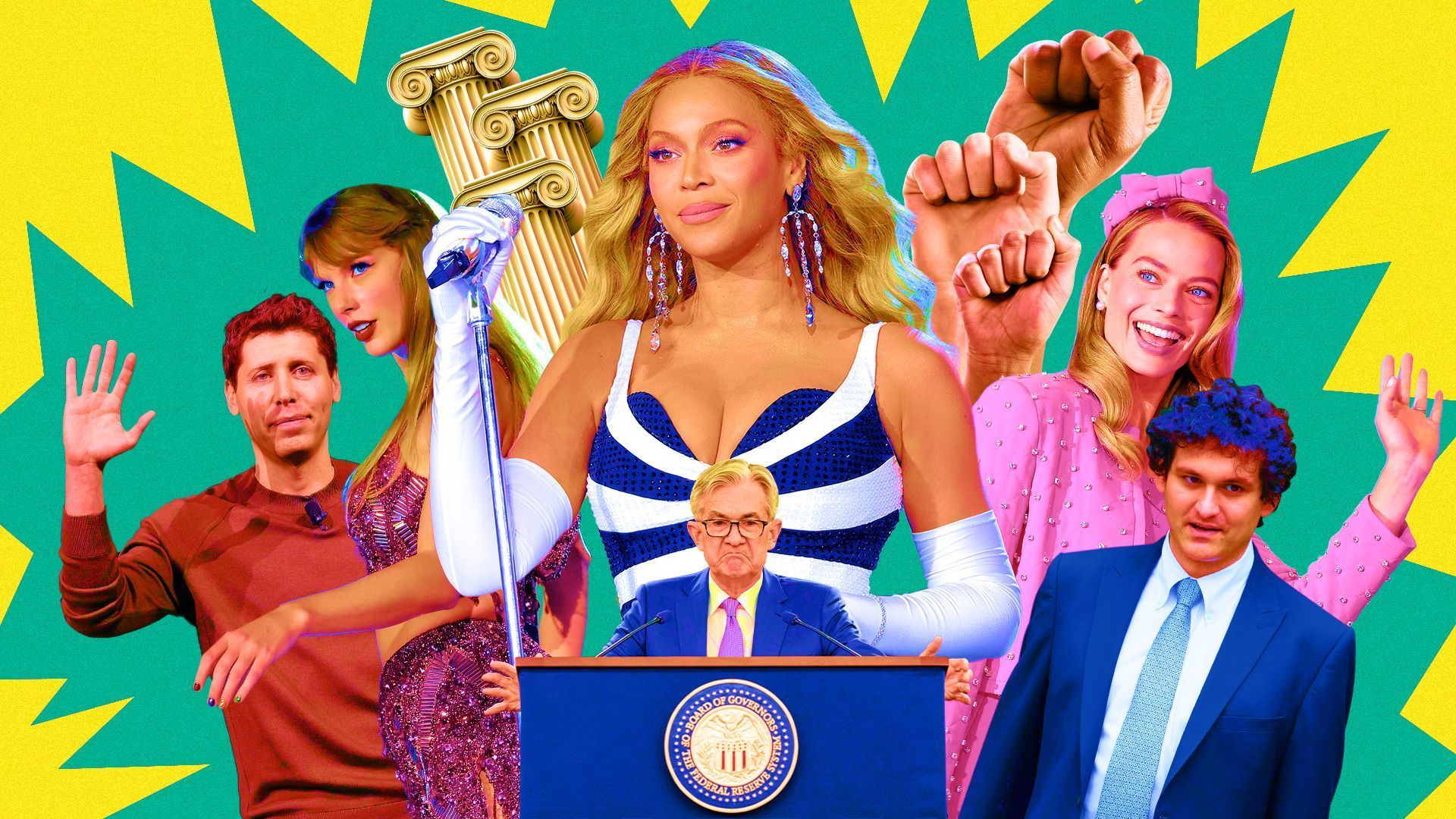 illustration of several notable figures including Sam Altman, Taylor Swift, Beyomce, Fed chair Jerome Powell, Margo Robbie, SBF against a colorful background
