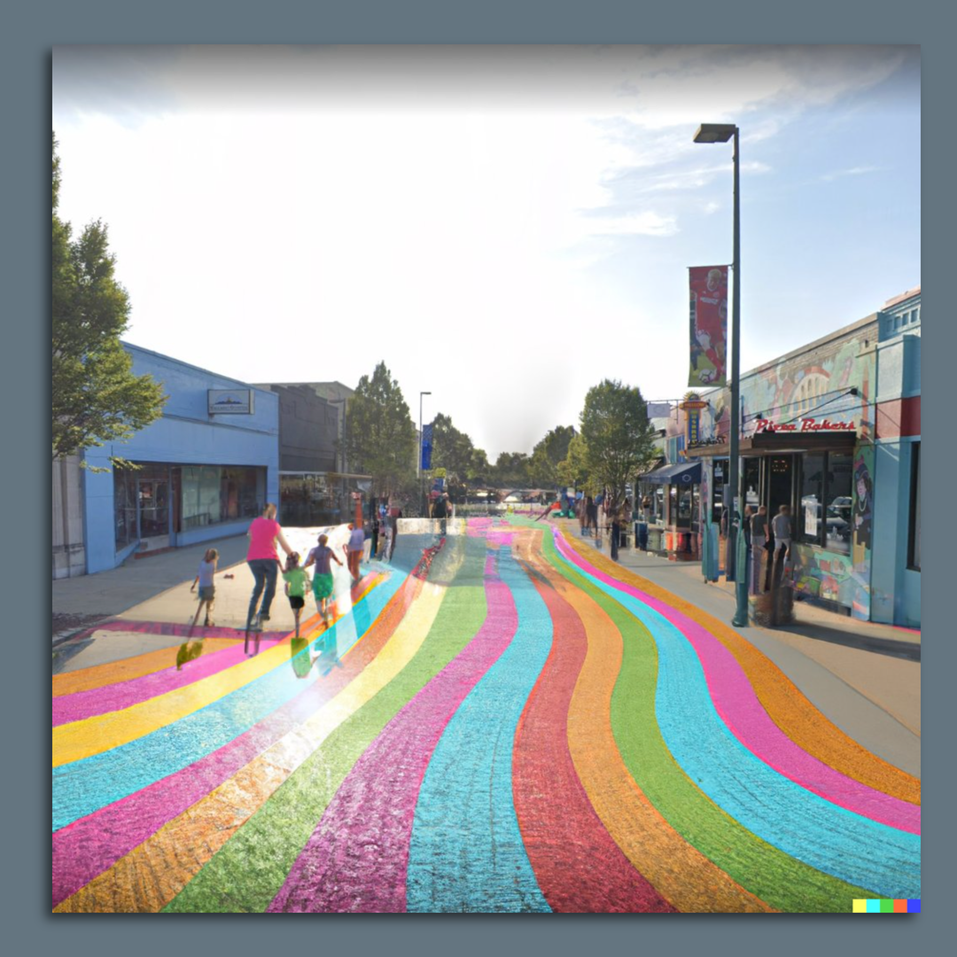 Carytown with no cars and a rainbow painted in the middle of the street